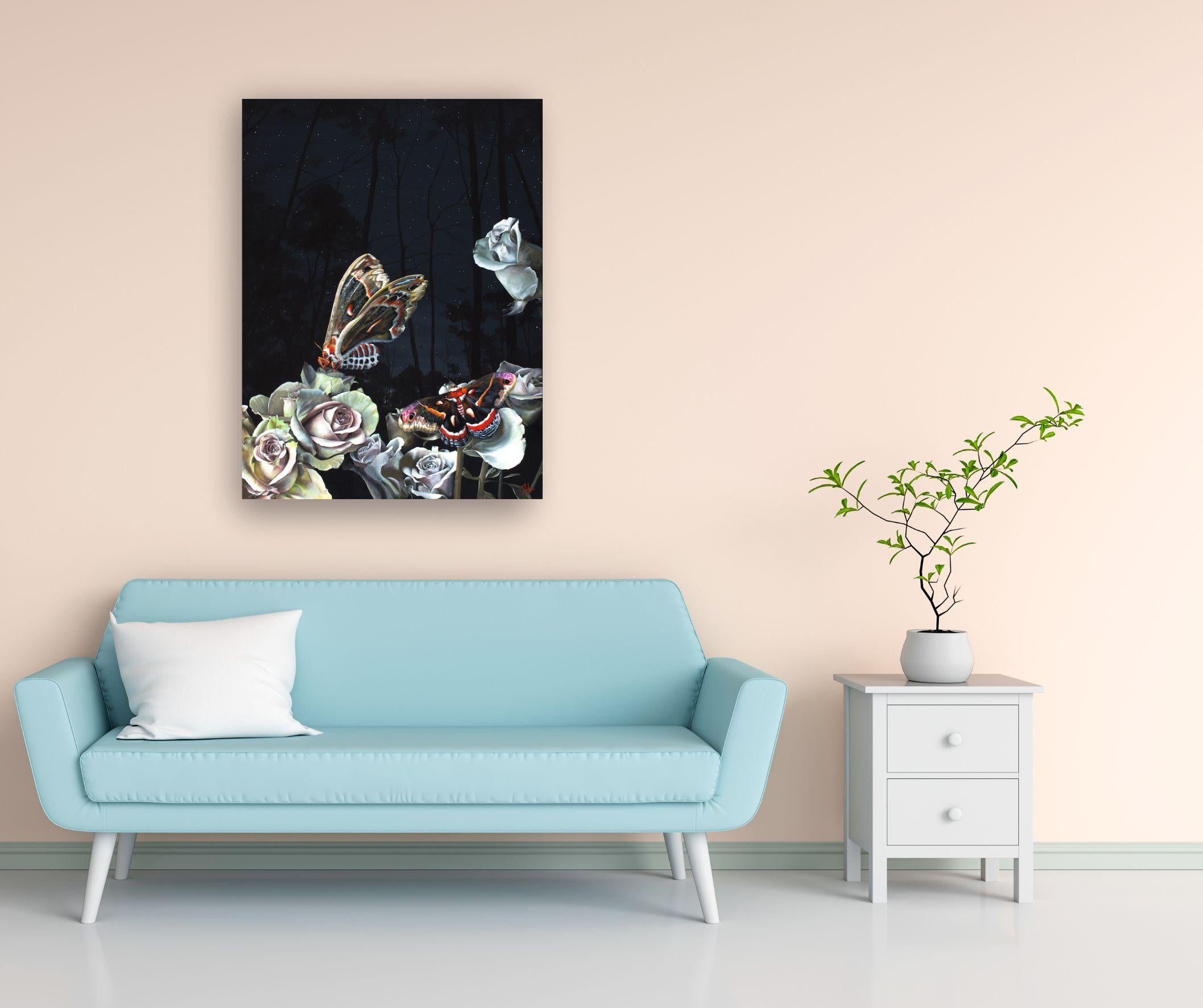 Some Night in Spring - Peinture originale de faune sauvage florale - art surréaliste moderne en vente 1