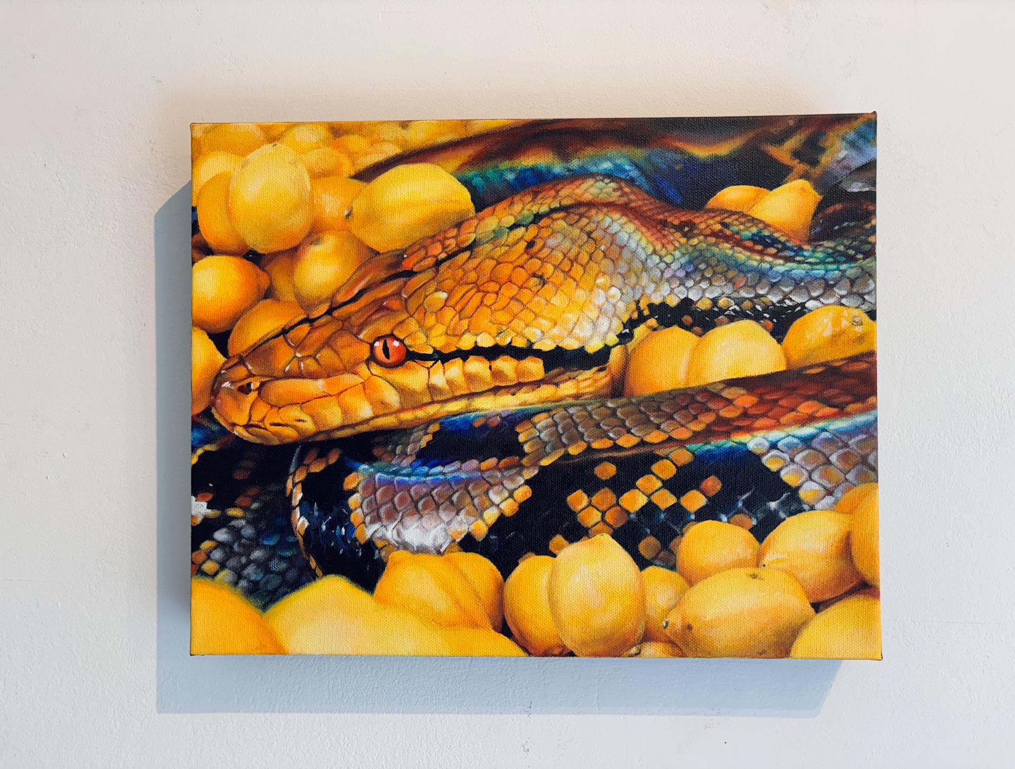 Sssour - Original Zitrusfrüchte Wildnis Malerei - moderne surrealistische Contemporary Art (Orange), Landscape Painting, von Hallie Packard