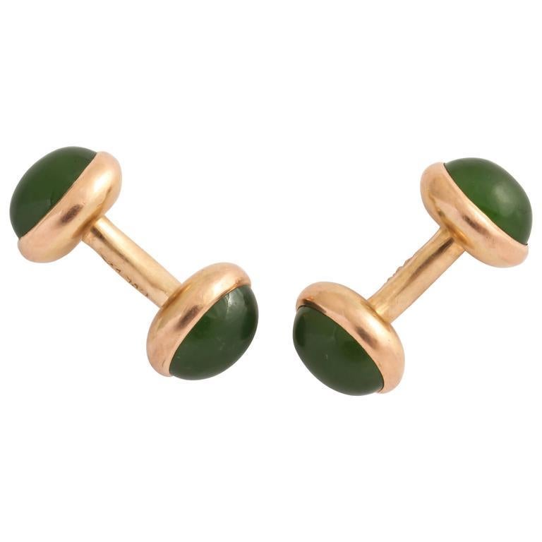 Men's Hallmark American Art Deco Green Jade Gold Cufflinks For Sale