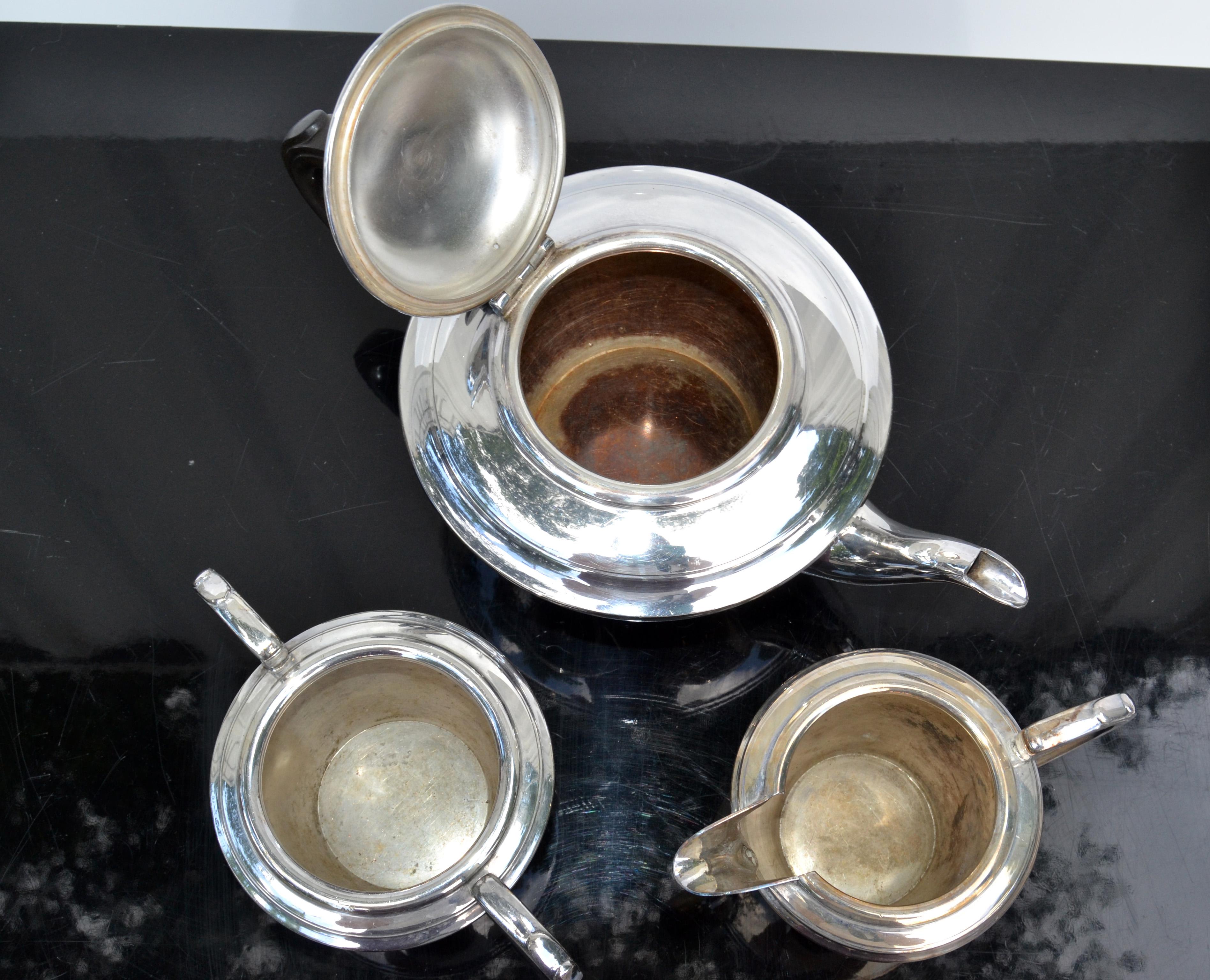 Hallmark English George I Style Silver Plated 3 Pieces Tea Set Bakelite Handles For Sale 3