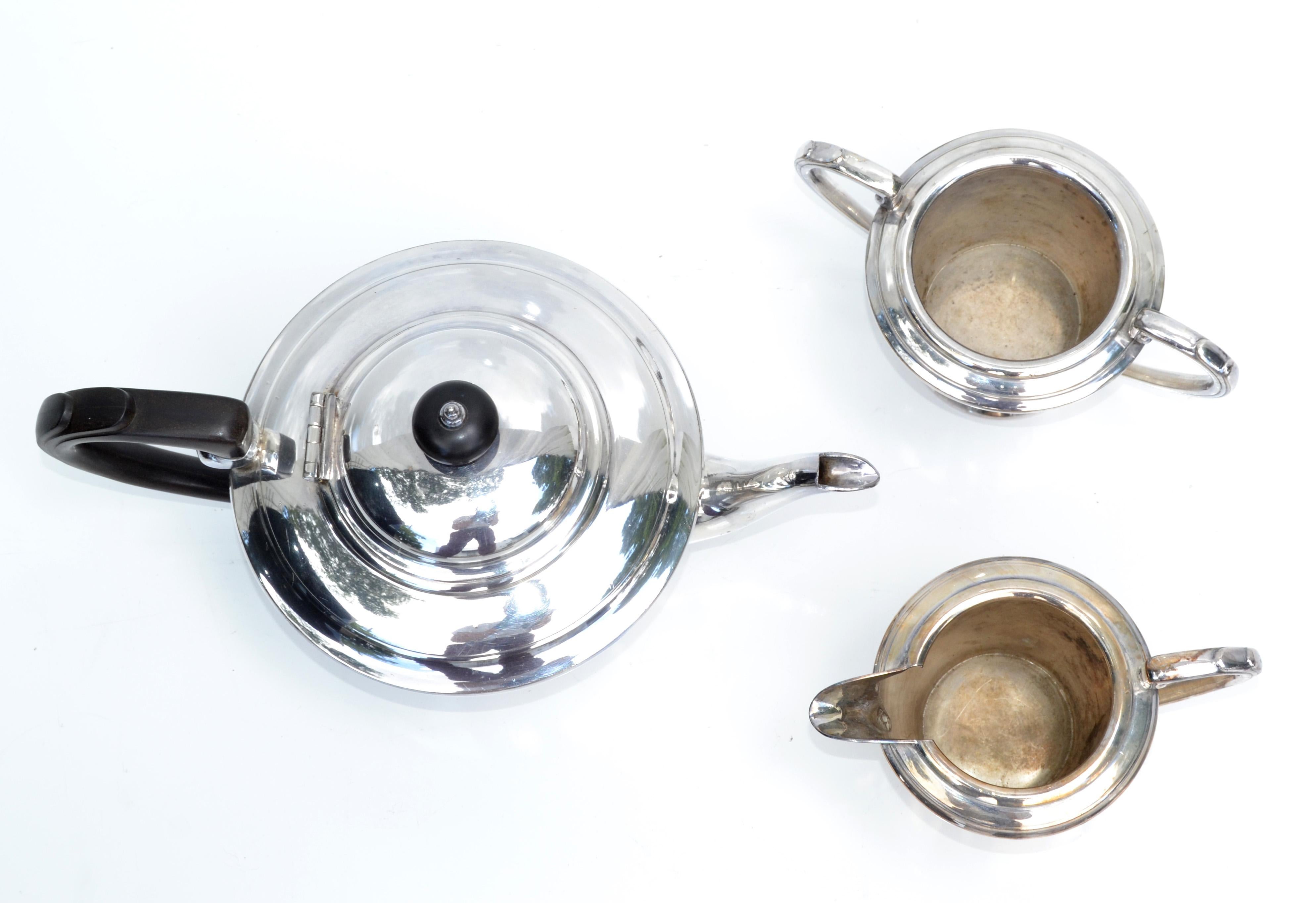 Hand-Crafted Hallmark English George I Style Silver Plated 3 Pieces Tea Set Bakelite Handles For Sale