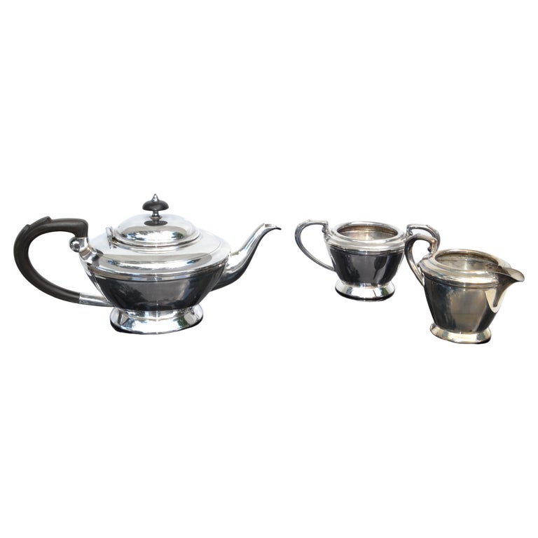 Hallmark English I Style Silver Plated 3 Pieces Tea Set Bakelite Handles For Sale at 1stDibs