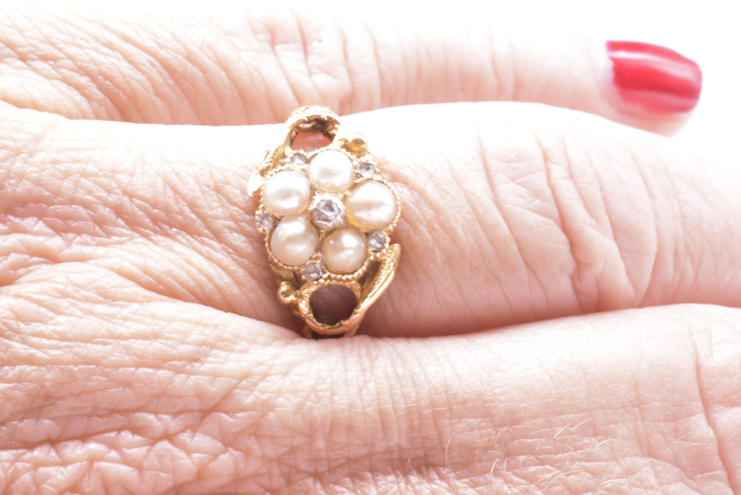 Hallmarked 1913 Pearl and Diamond Forget Me Not Ring with Serpent Shoulders 4