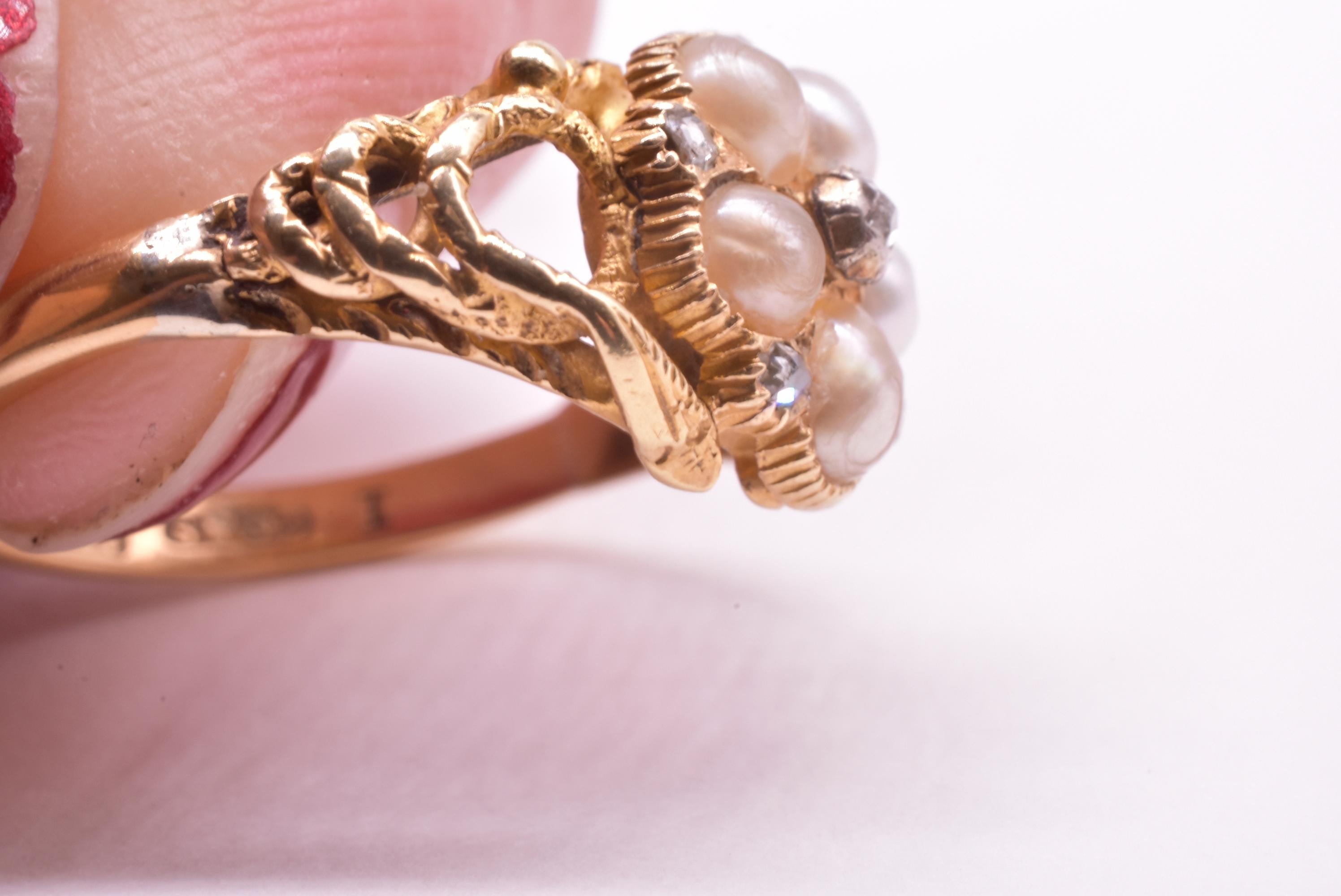 Hallmarked 1913 Pearl and Diamond Forget Me Not Ring with Serpent Shoulders 7