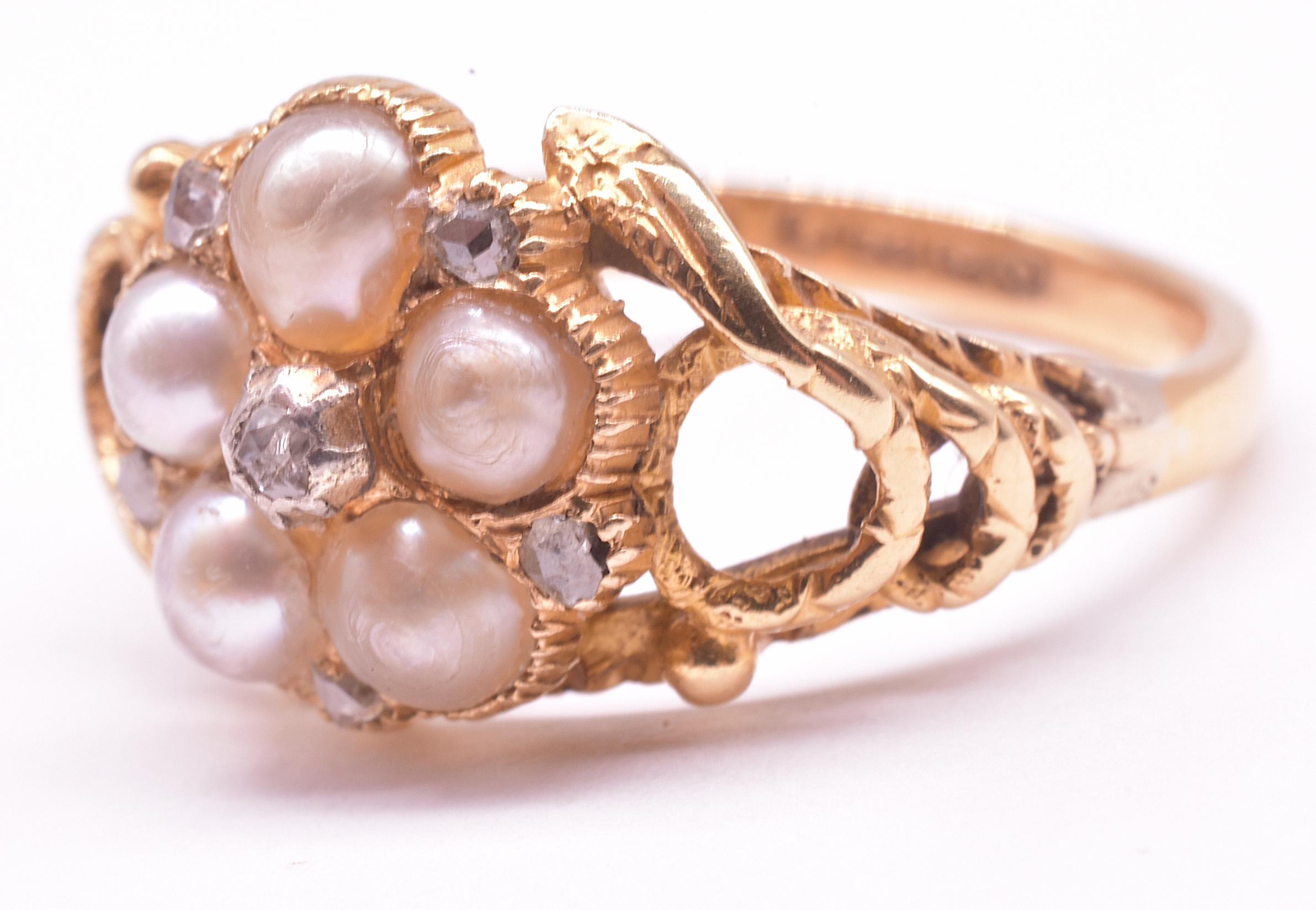 Early Victorian Hallmarked 1913 Pearl and Diamond Forget Me Not Ring with Serpent Shoulders