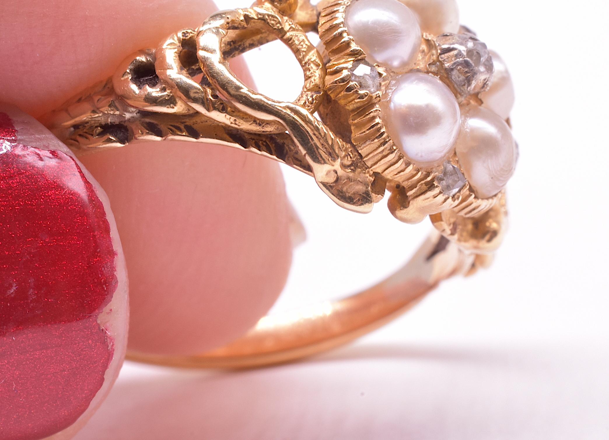 Hallmarked 1913 Pearl and Diamond Forget Me Not Ring with Serpent Shoulders 2