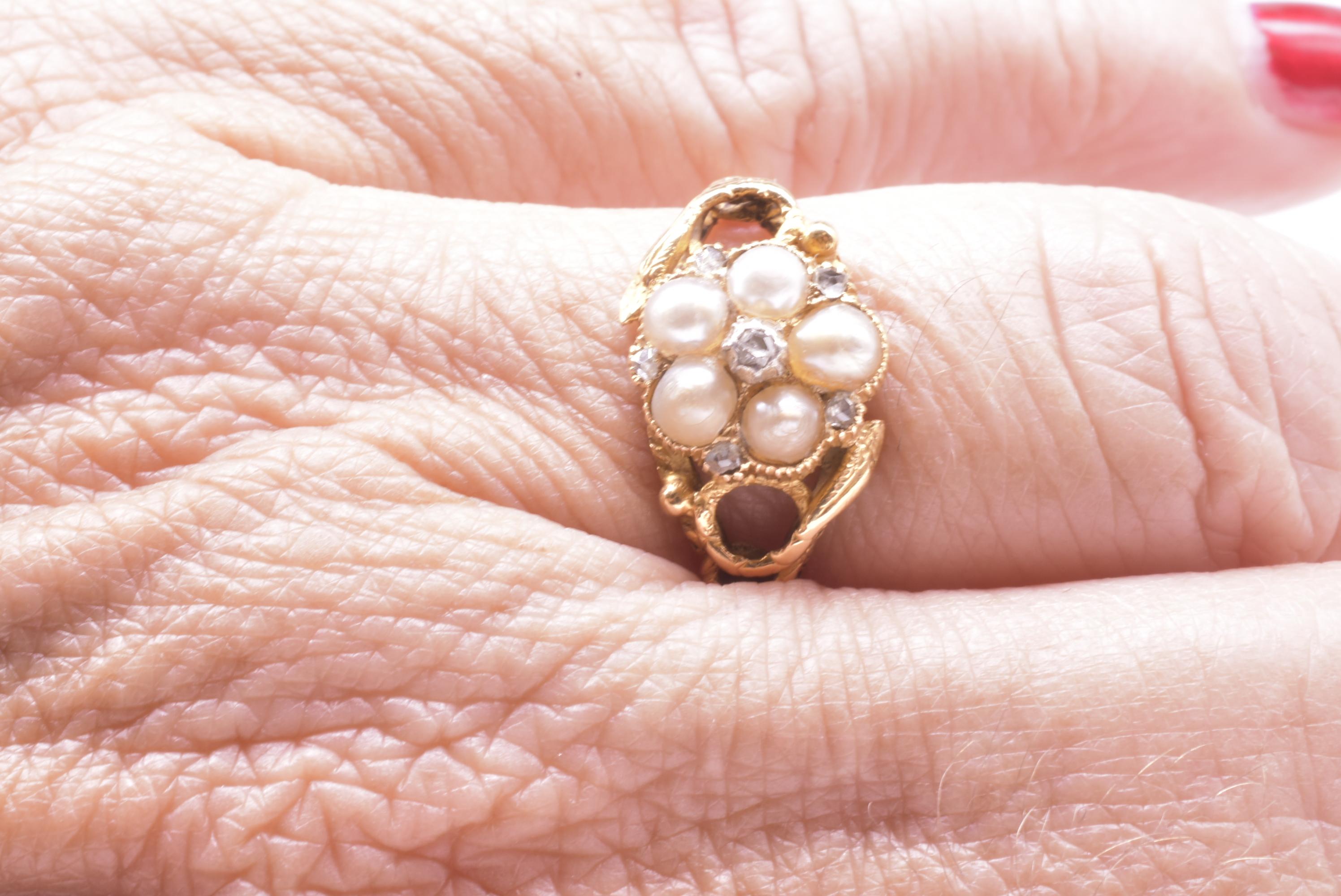 Hallmarked 1913 Pearl and Diamond Forget Me Not Ring with Serpent Shoulders 3