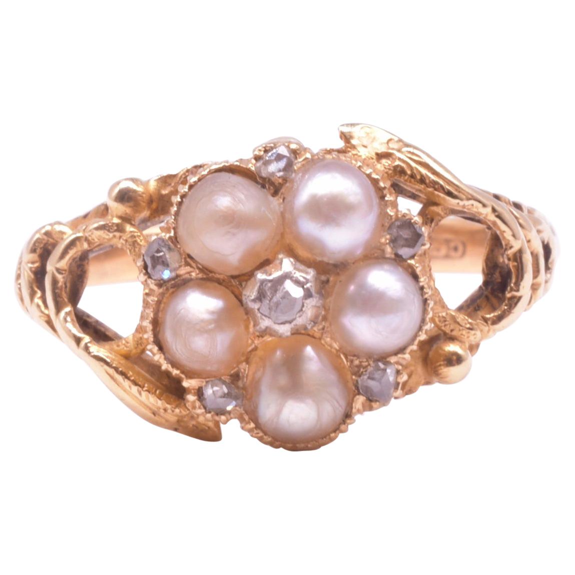 Hallmarked 1913 Pearl and Diamond Forget Me Not Ring with Serpent Shoulders
