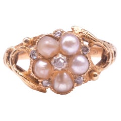 Antique Hallmarked 1913 Pearl and Diamond Forget Me Not Ring with Serpent Shoulders