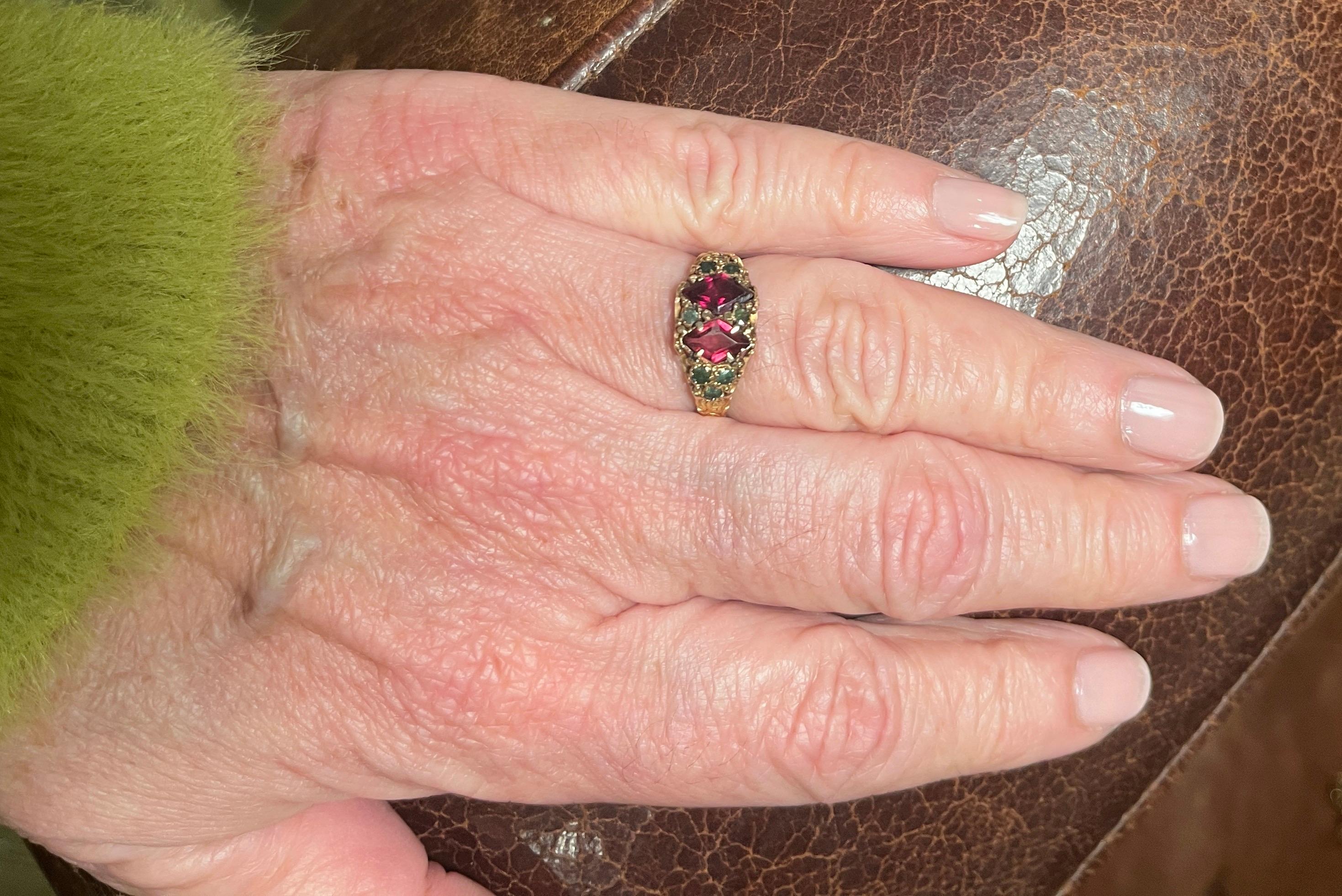 Hallmarked 1865 Garnet and Emerald Multi-Stone Ring 7
