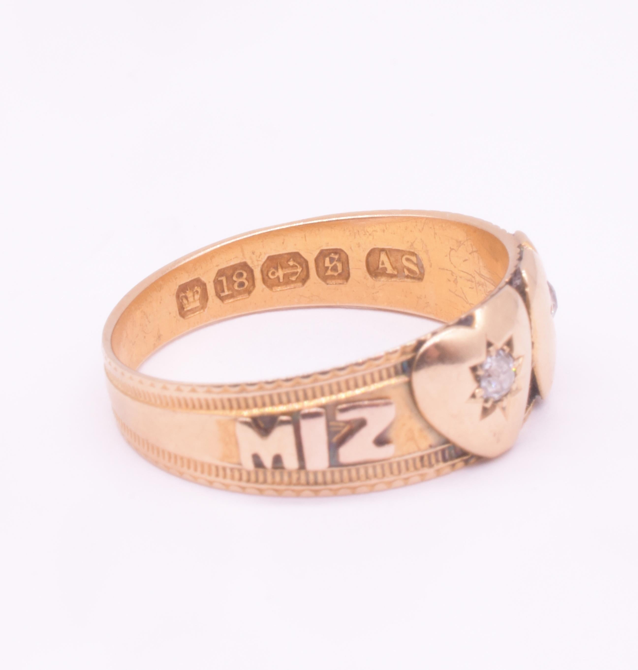 Bague Mizpah à double cœur avec diamants étoilés, poinçonnée en 1892 Unisexe en vente