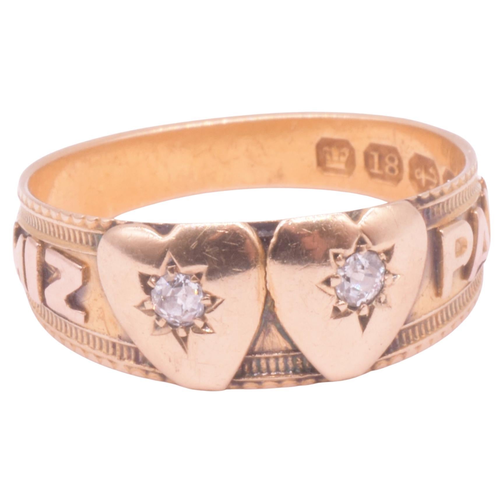 Bague Mizpah à double cœur avec diamants étoilés, poinçonnée en 1892 en vente