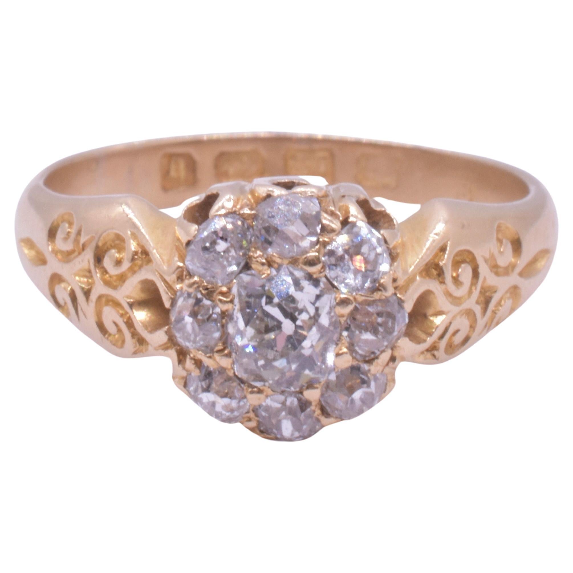 Rose Cut Hallmarked 1892 Victorian Diamond Cluster Ring 