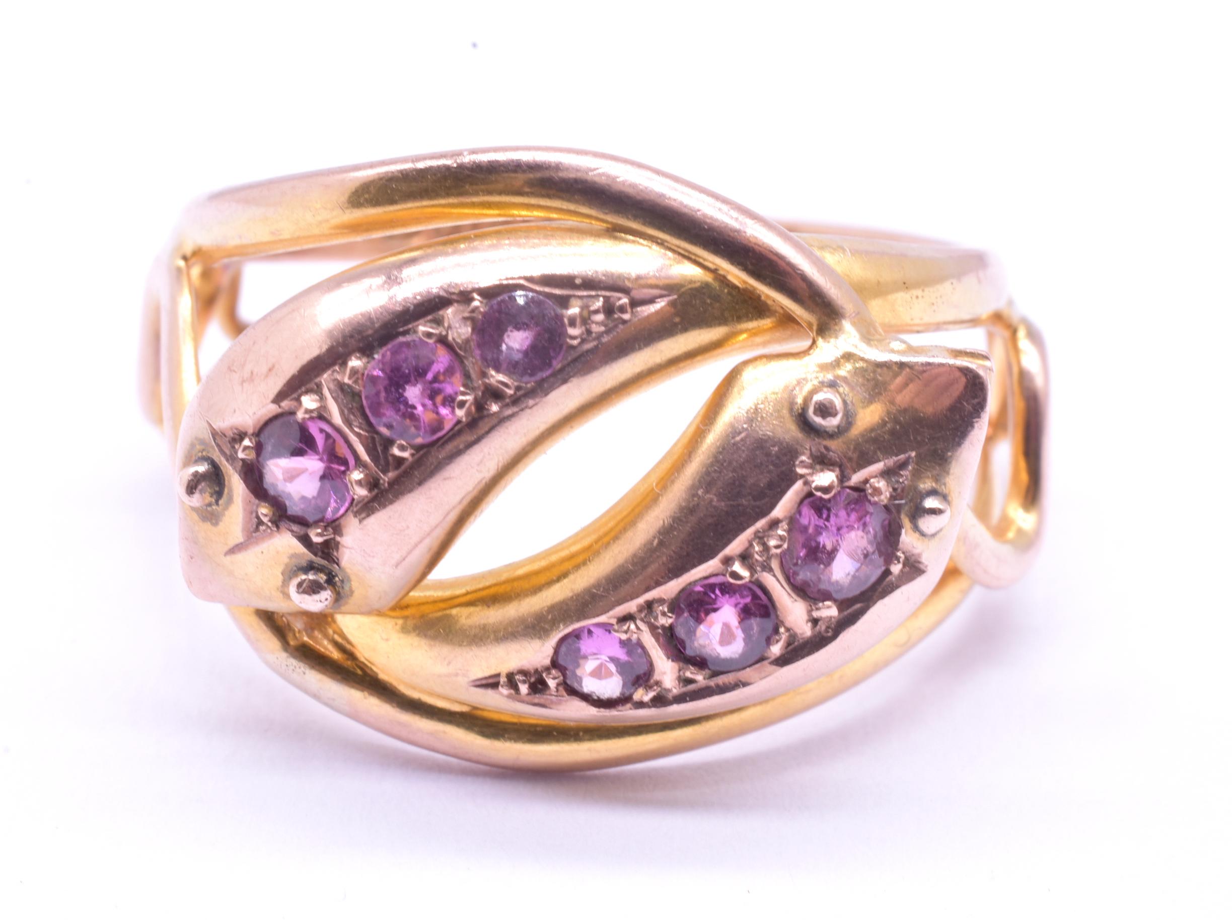 Hallmarked 1911 Chester 9K Double Snake Ring with 6 Pink Sapphire Gemstones 4
