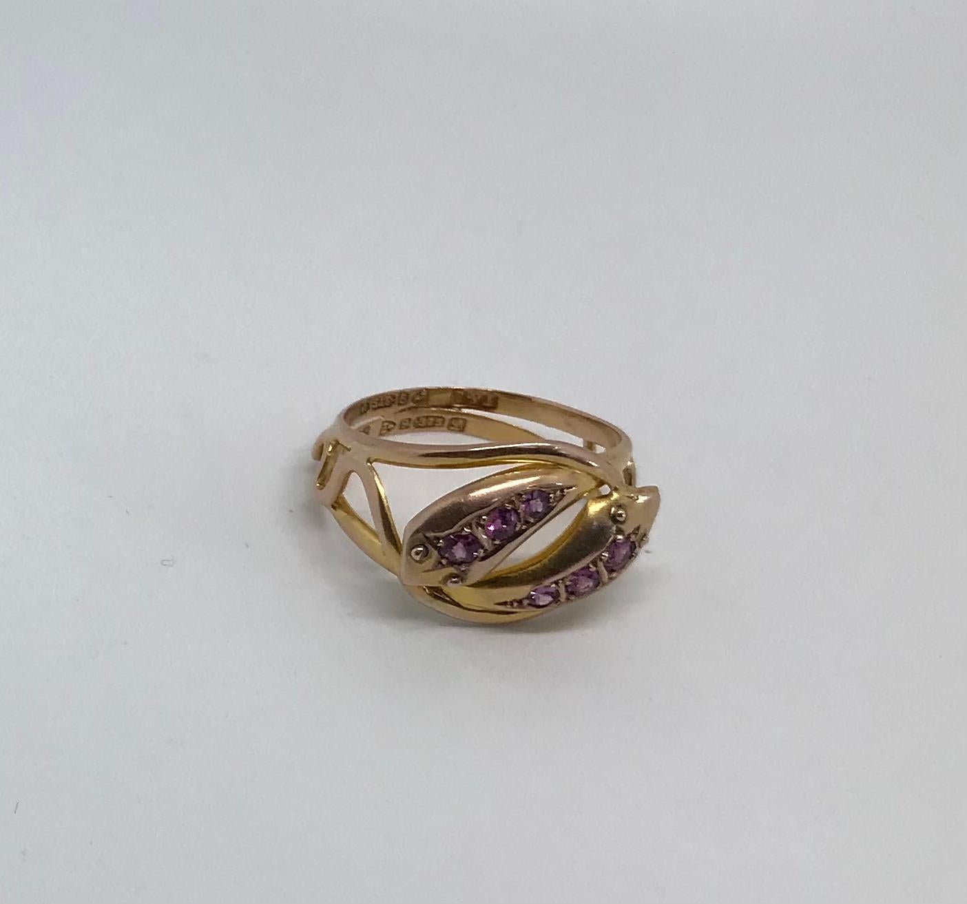 Antique Cushion Cut Hallmarked 1911 Chester 9K Double Snake Ring with 6 Pink Sapphire Gemstones