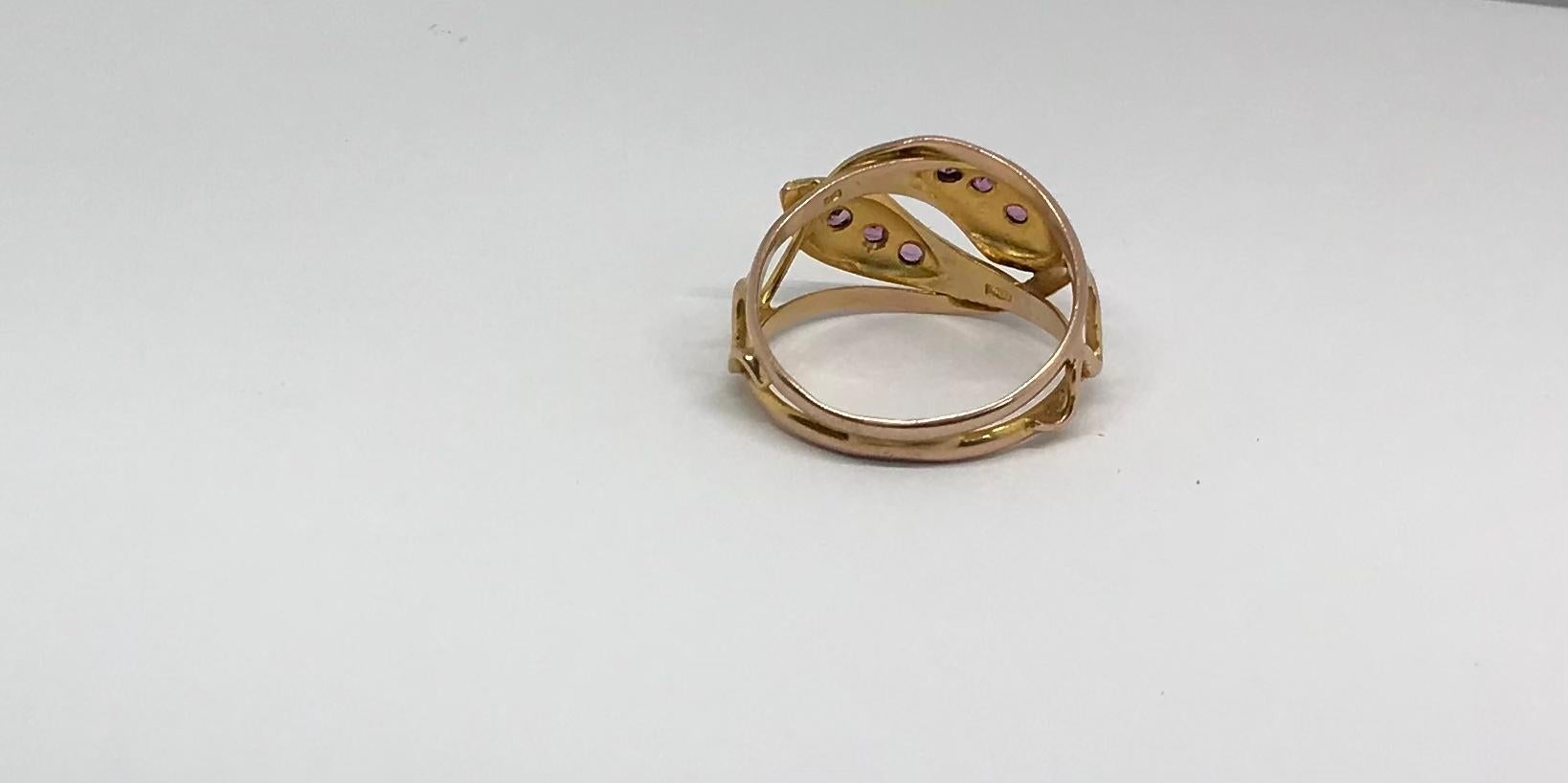 Hallmarked 1911 Chester 9K Double Snake Ring with 6 Pink Sapphire Gemstones In Excellent Condition In Baltimore, MD