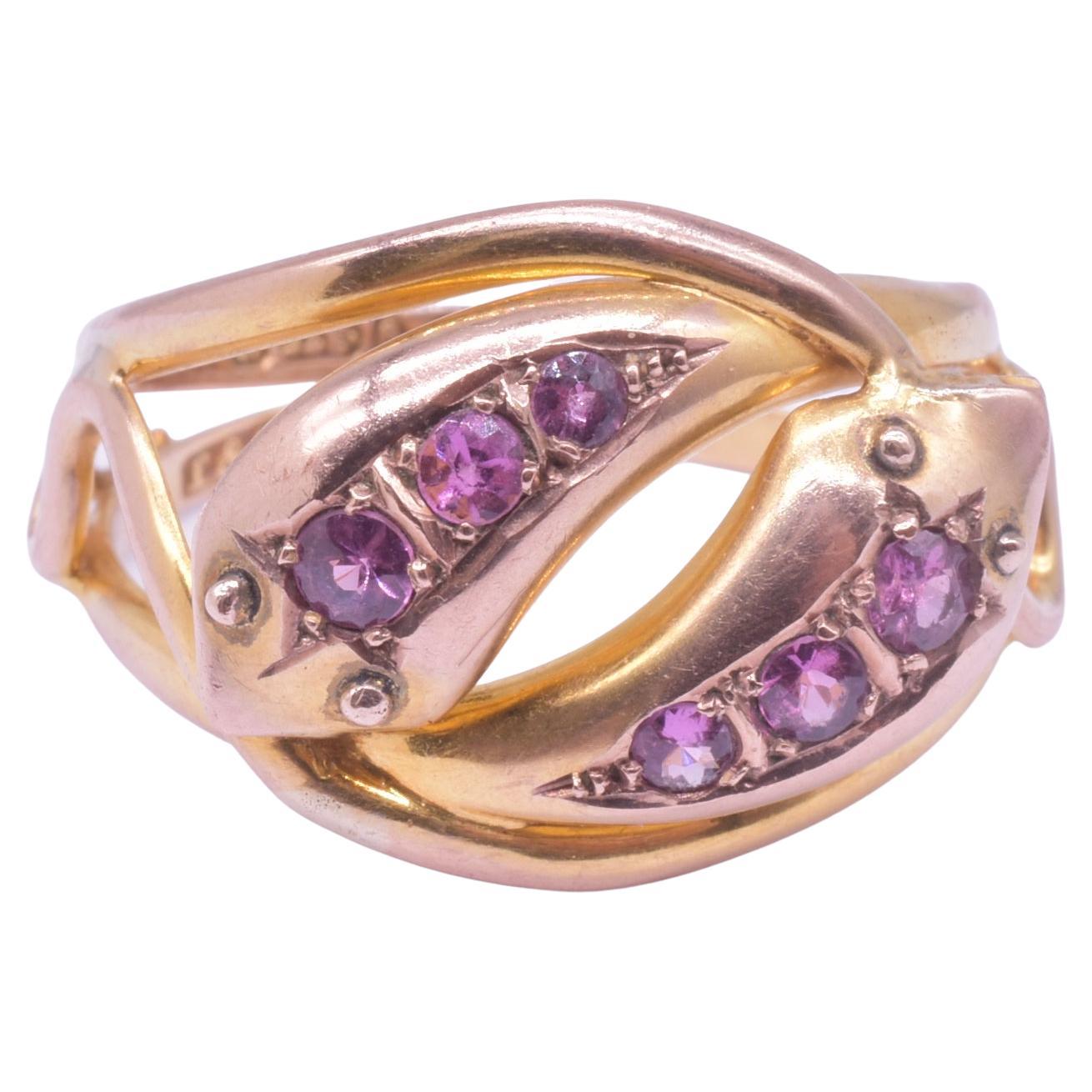 Hallmarked 1911 Chester 9K Double Snake Ring with 6 Pink Sapphire Gemstones