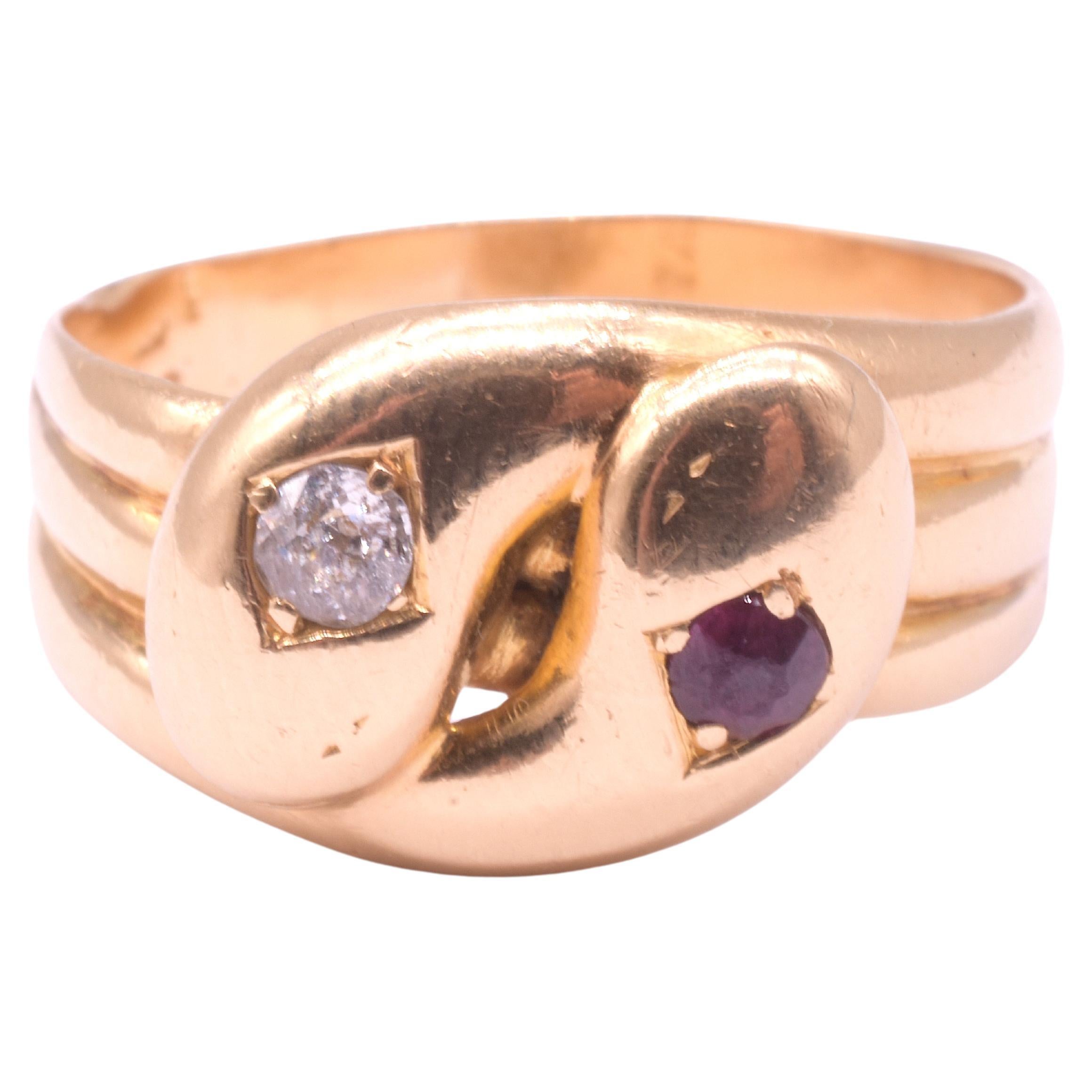 Anillo de serpiente de dos cabezas con gemas de diamante y rubí, 18 quilates, sellado en 1918