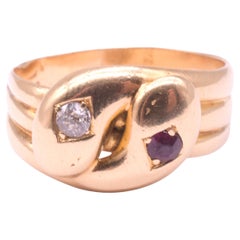 Anillo de serpiente de dos cabezas con gemas de diamante y rubí, 18 quilates, sellado en 1918