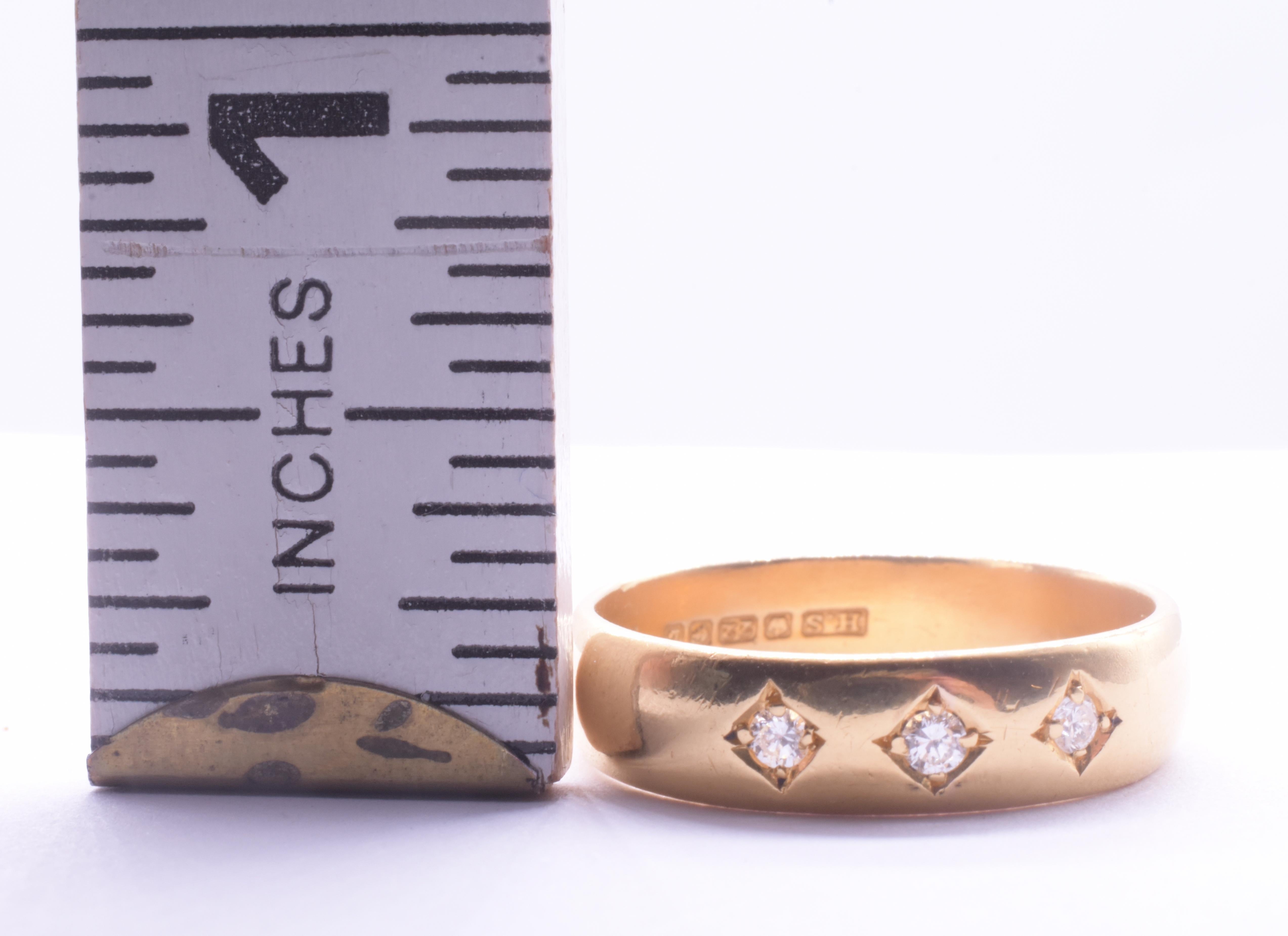 Modern Hallmarked 1960 22K 3 Diamond Flush Mount Ring For Sale