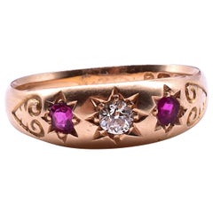 Hallmarked B'ham 1898 Ruby and Diamond 18 Carat Star-Set 3 Stone Gypsy Ring