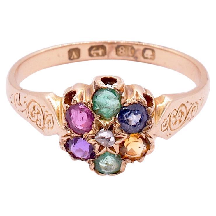 HallMarked Birmingham 1873 "Dearest" Flower Cluster Ring with 7 Gemstones