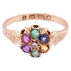 HallMarked Birmingham 1873 "Dearest" Flower Cluster Ring with 7 Gemstones