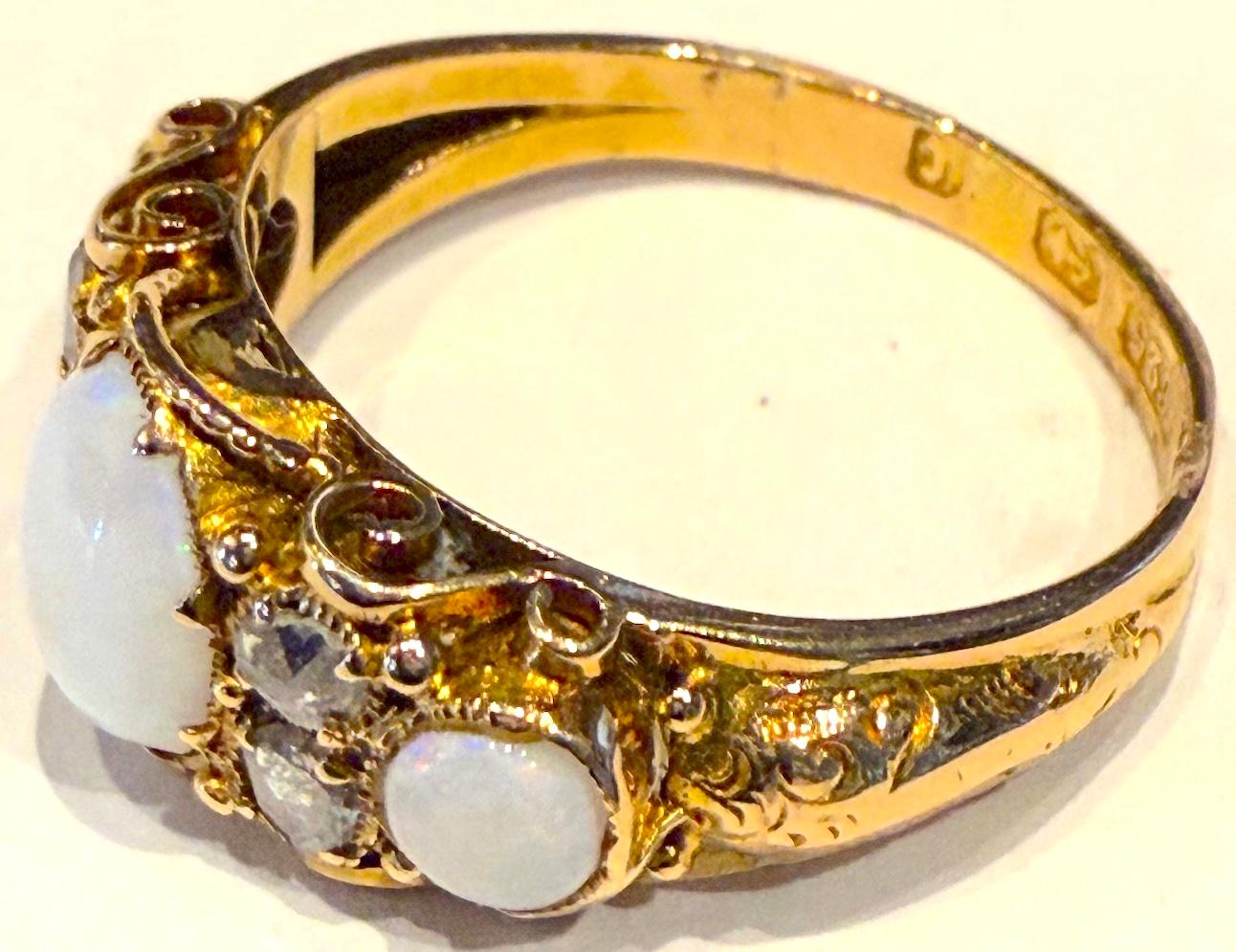 Hallmarked Birmingham 1877 15K opal and diamond 7 stone ring (Cabochon) im Angebot