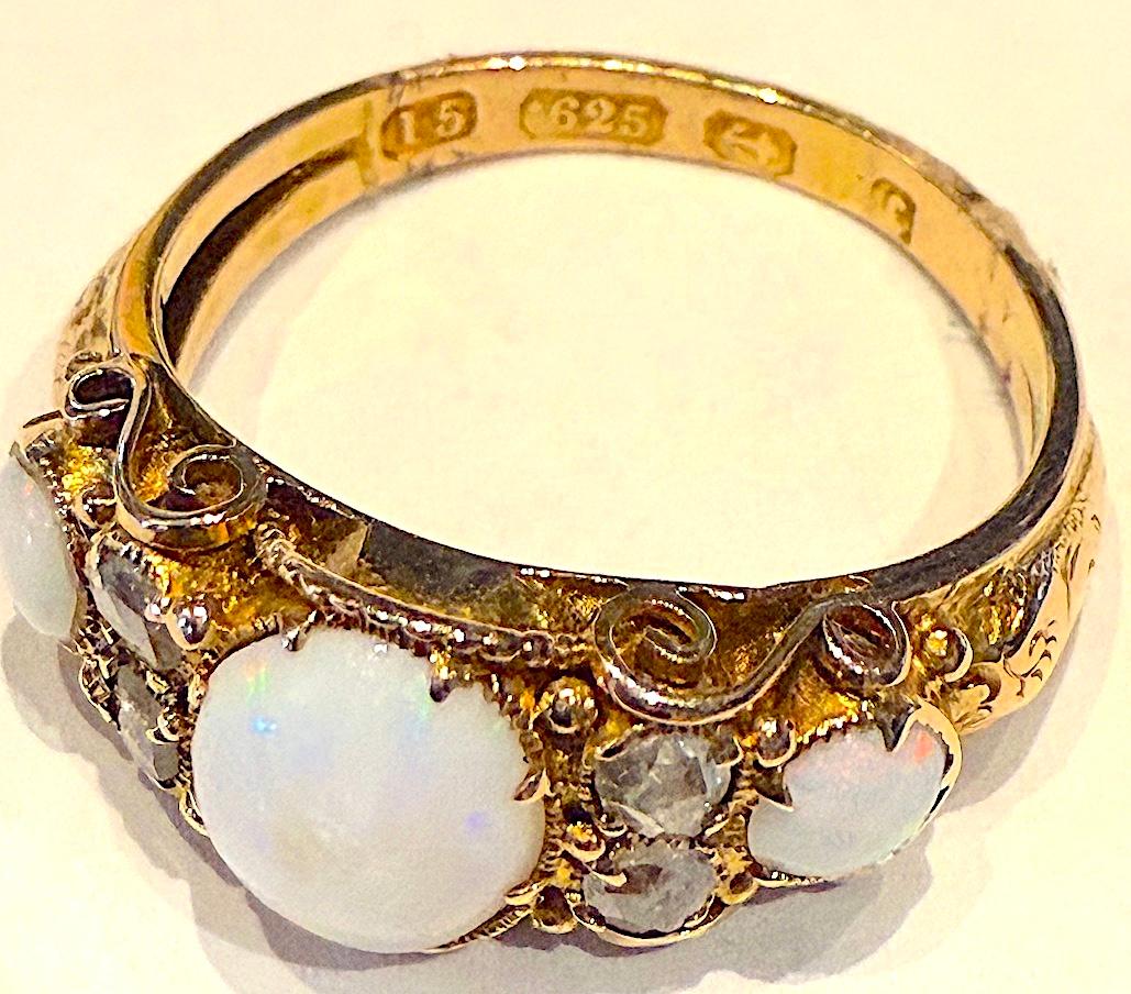 Hallmarked Birmingham 1877 15K opal and diamond 7 stone ring im Angebot 1