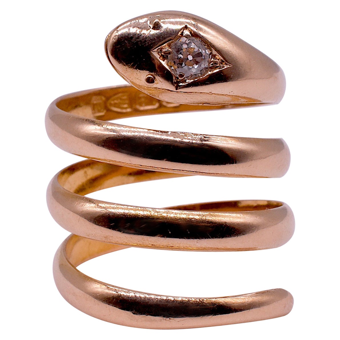 Hallmarked Chester 1895 18K Diamond Headed Coiled Serpent Ring