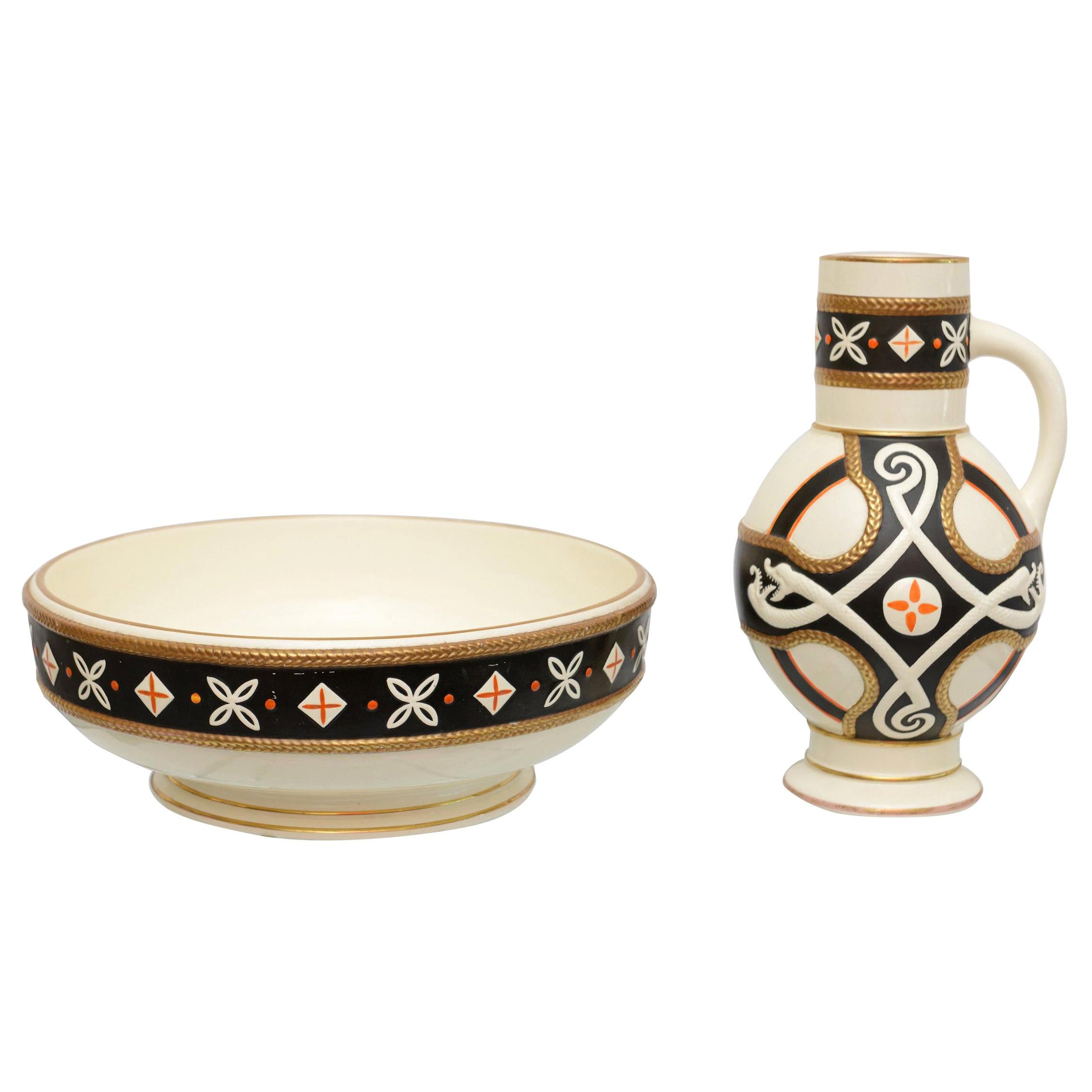 Pichet à eau et bol de centre de table en porcelaine de style Successionist anglais poinçonné en vente