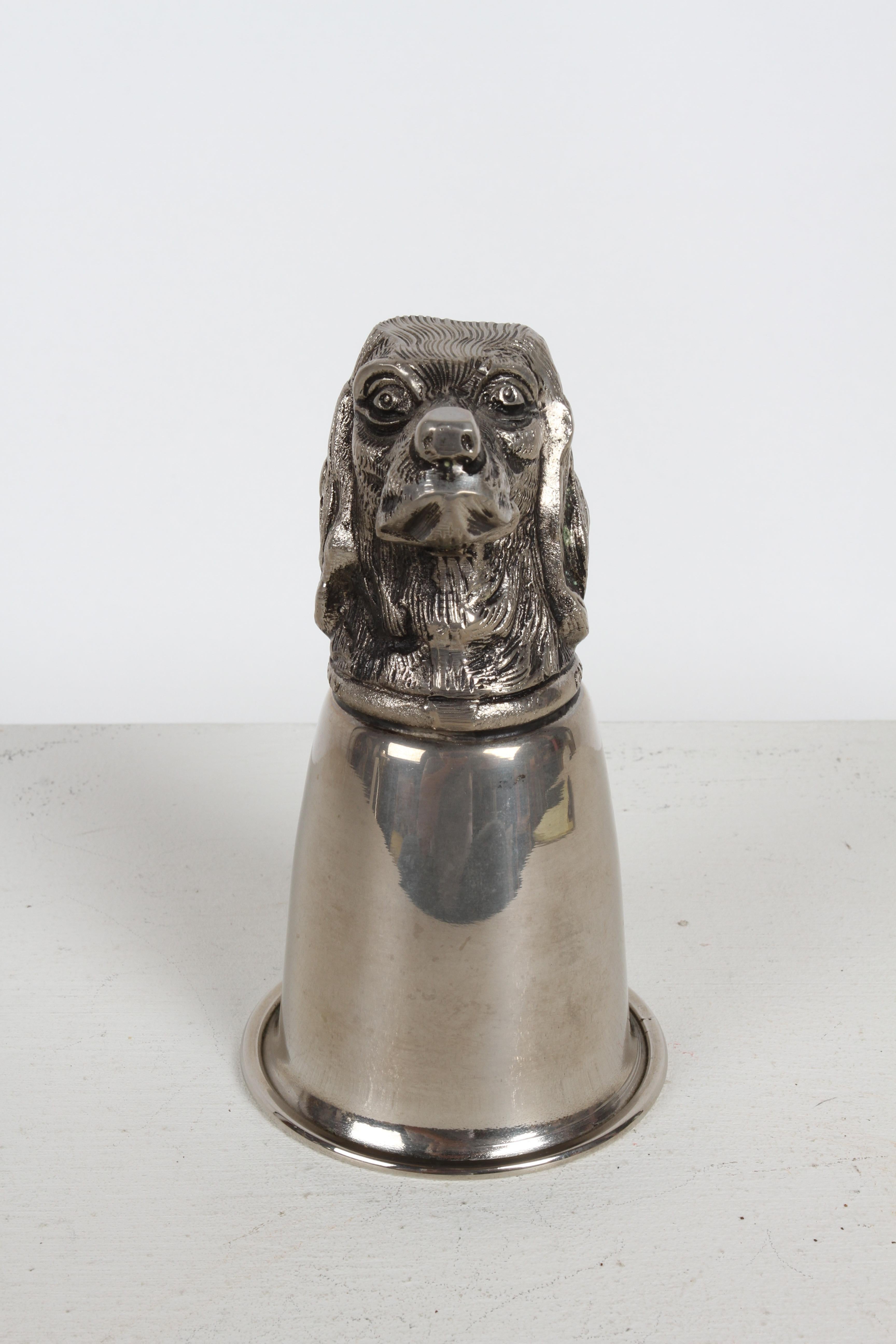 Circa 1970s Hallmarked Gucci - Italy Silver-Plated Dog Head (English Pointer) hunting equestrian theme stirrup cup. This drinking / vessel cup can rest on the head or be displayed turned over with the head clearly visible, as a sculpture or little