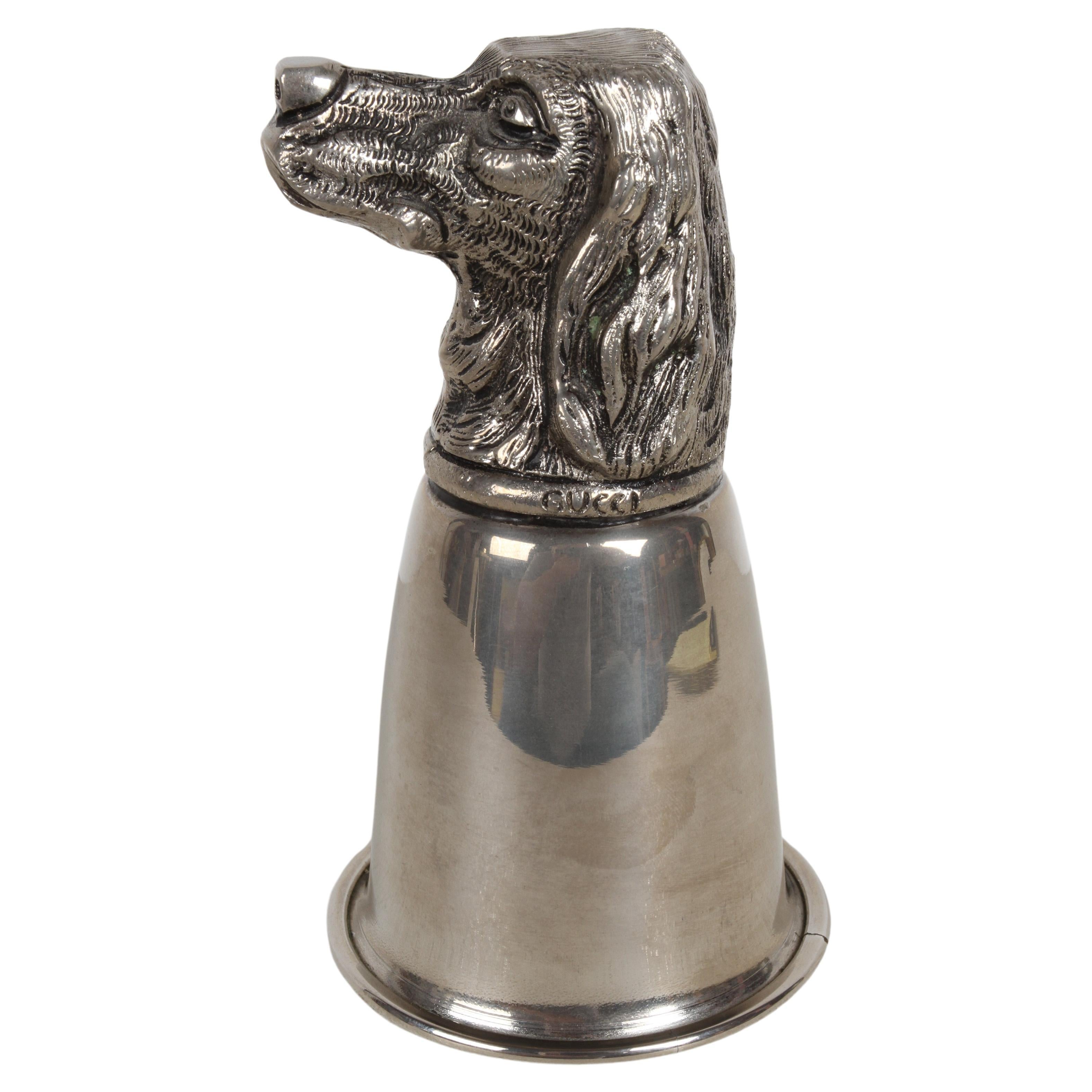 Hallmarked Gucci - Italy Silver-Plate "Dog Head" Stirrup Cup Barware - Hunt Club For Sale