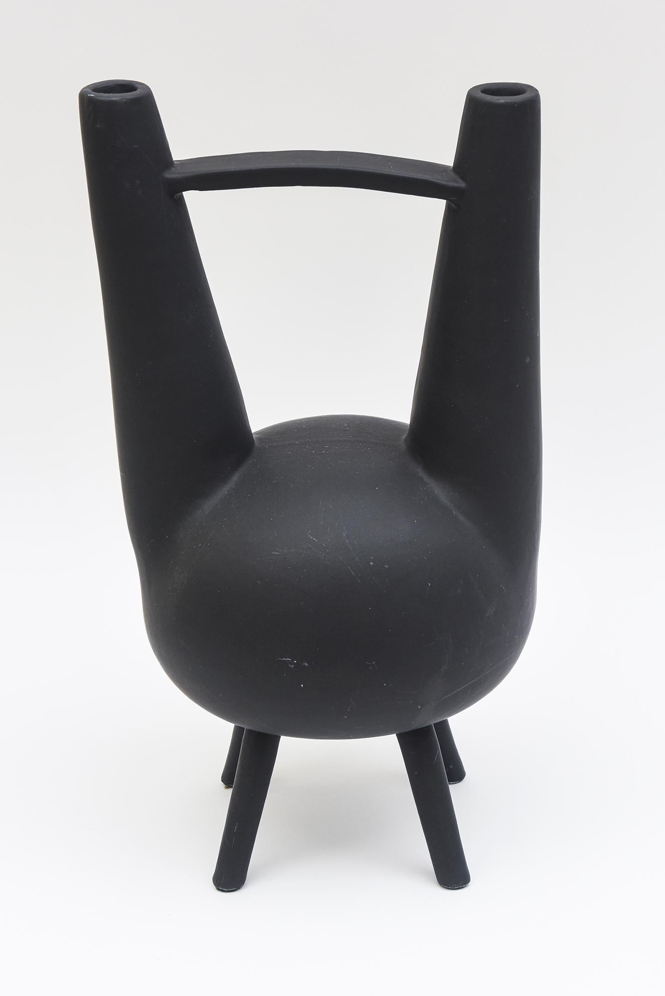 Organic Modern  Pampaloni Gio Ponti Design Black Matt Ceramic Abstract Vessel Sculpture Italian