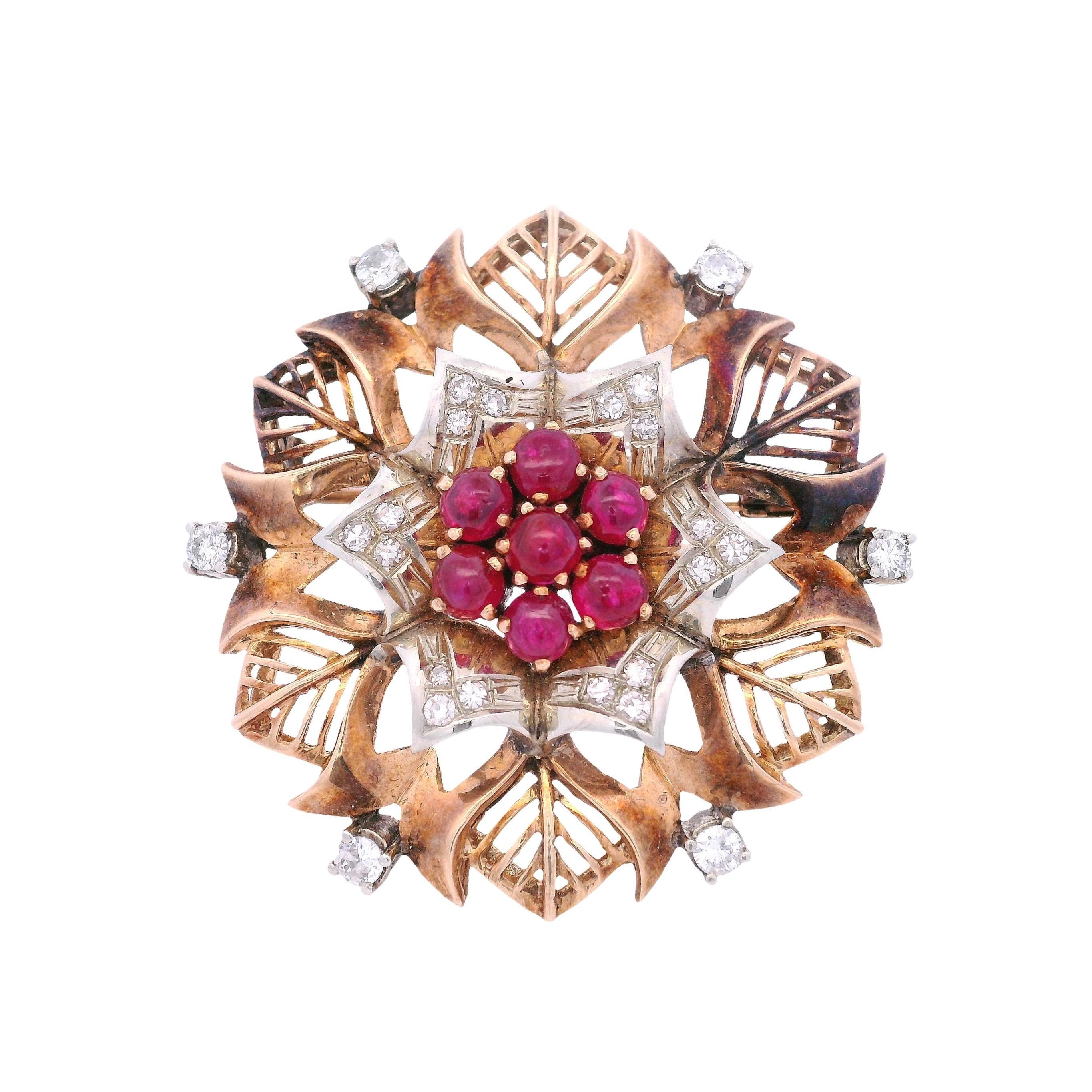 Hallmarked Retro 14kt Gold Brooch / Pendant with Rubies 
Diamonds