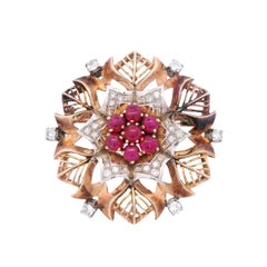 Hallmarked Retro 14kt Gold Brooch / Pendant with Rubies
Diamonds