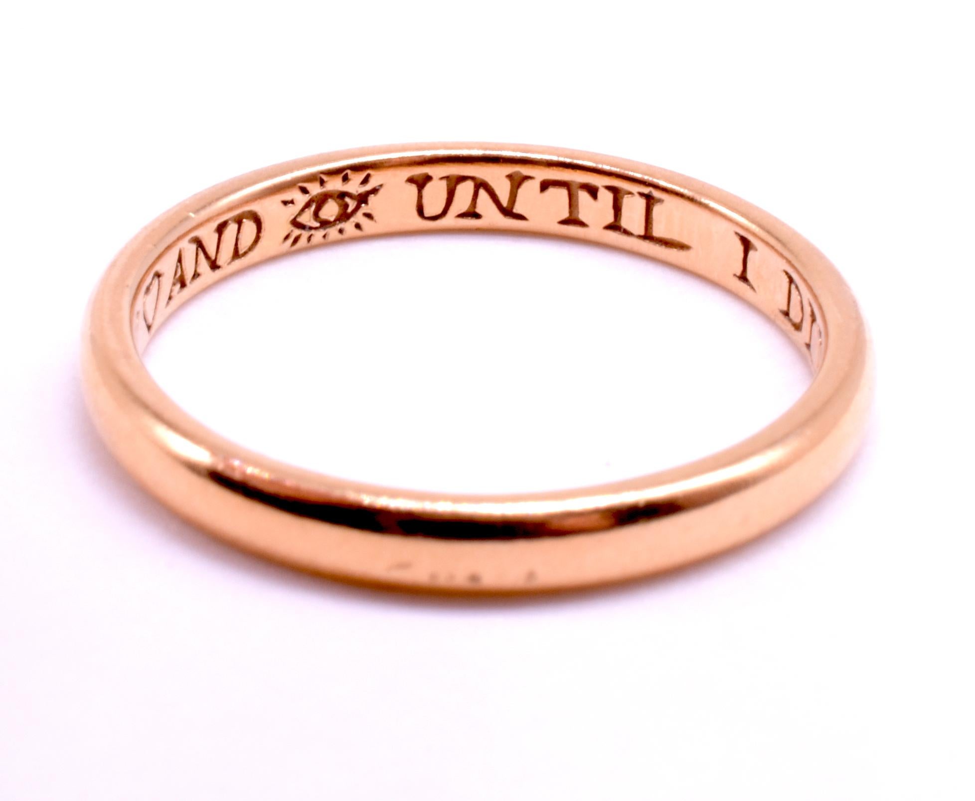 We love this 22K Renaissance revival, hallmarked nineteenth century poesy ring on which is inscribed the saying, “my heart and I until I die”, with endearing images pictograms of a heart and an eye. Poesy rings were inscribed with what were often