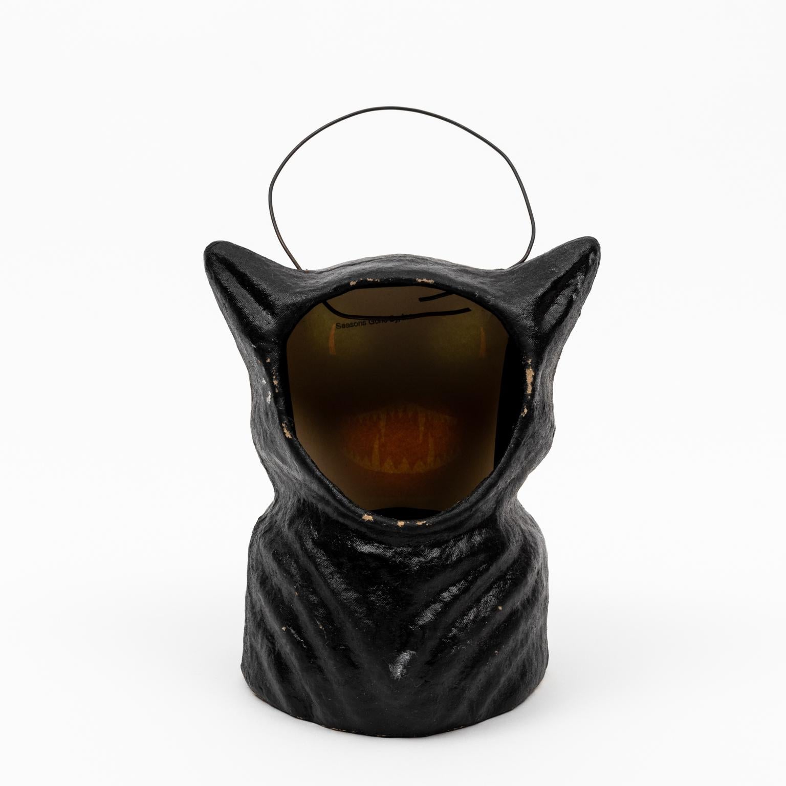 20th Century Halloween Paper Mache Black Cat Lantern with Paper Insert