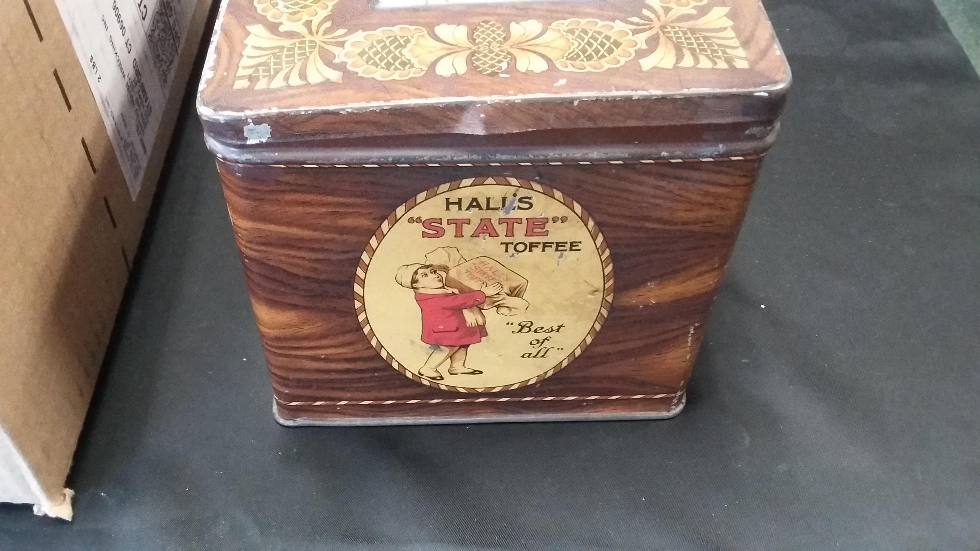 Hall's State Toffee Tin Litho Candy Box/Tintenfass im Zustand „Gut“ im Angebot in Stamford, CT