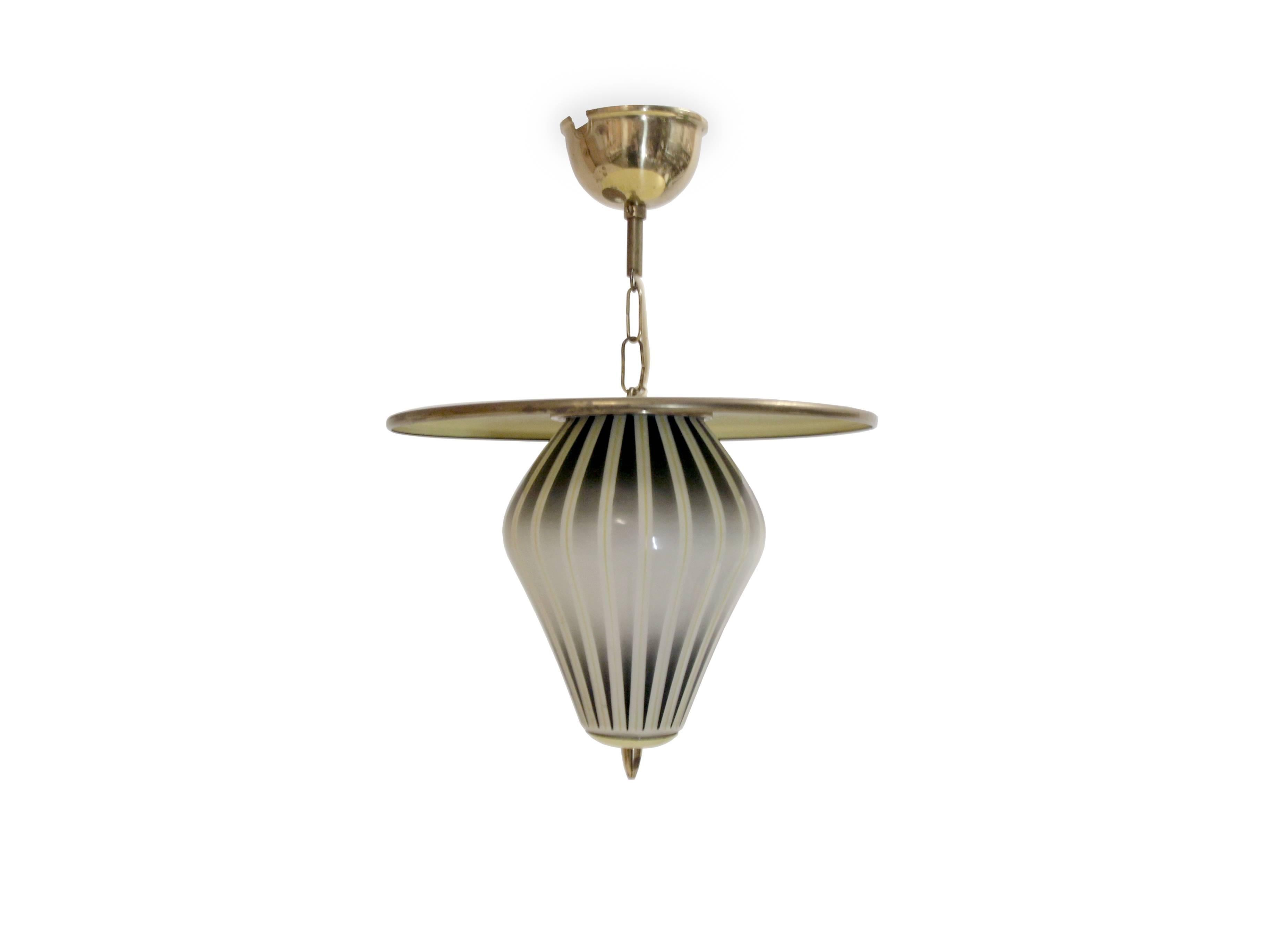 Wonderful and decorative ceiling lamp in steel, brass and shade in glass. Designed and made in Norway by Elegant Belysning from circa 1960s first half. The lamp is fully working and in good vintage condition. The lamp is fitted with one E27 bulb