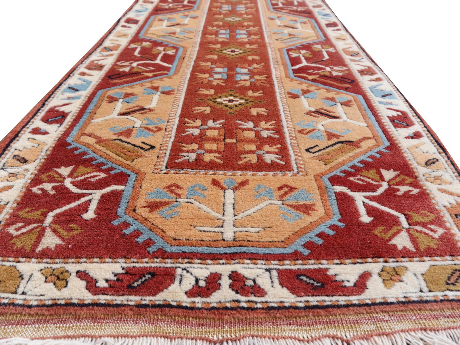 Stunning stairway or hallway runner wool rug, hand-knotted in Turkey.

Oushak design rugs and carpets are mainly made of fine, hand-spun wool, 
This wonderful and stunning example comes from Wastern Anatolia.

This rug was made in a village