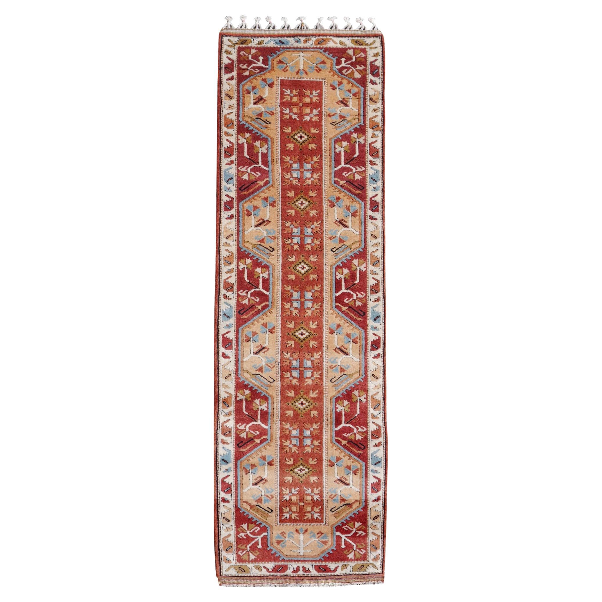Hallway Runner Stairway Oushak Rug Hand Knotted Bold Design Djoharian Collection For Sale