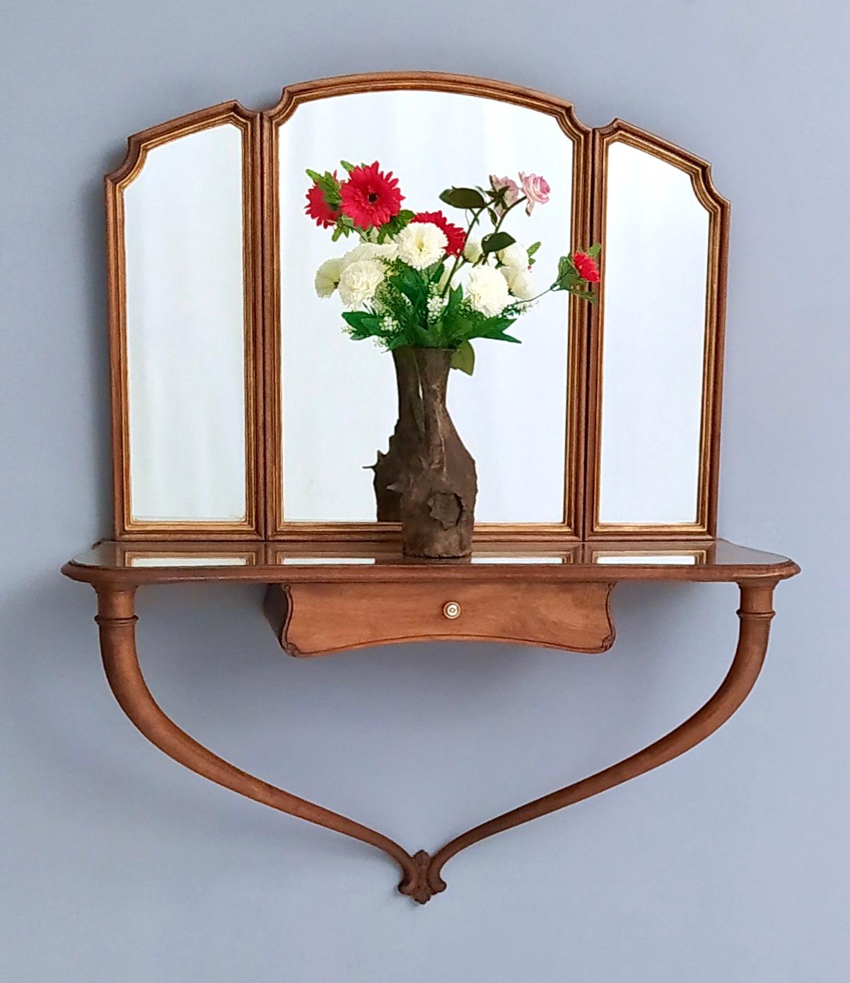 Mid-Century Modern Hallway Triptych Mirror with Solid Walnut Console and a Glass Top, Italy, 1950s