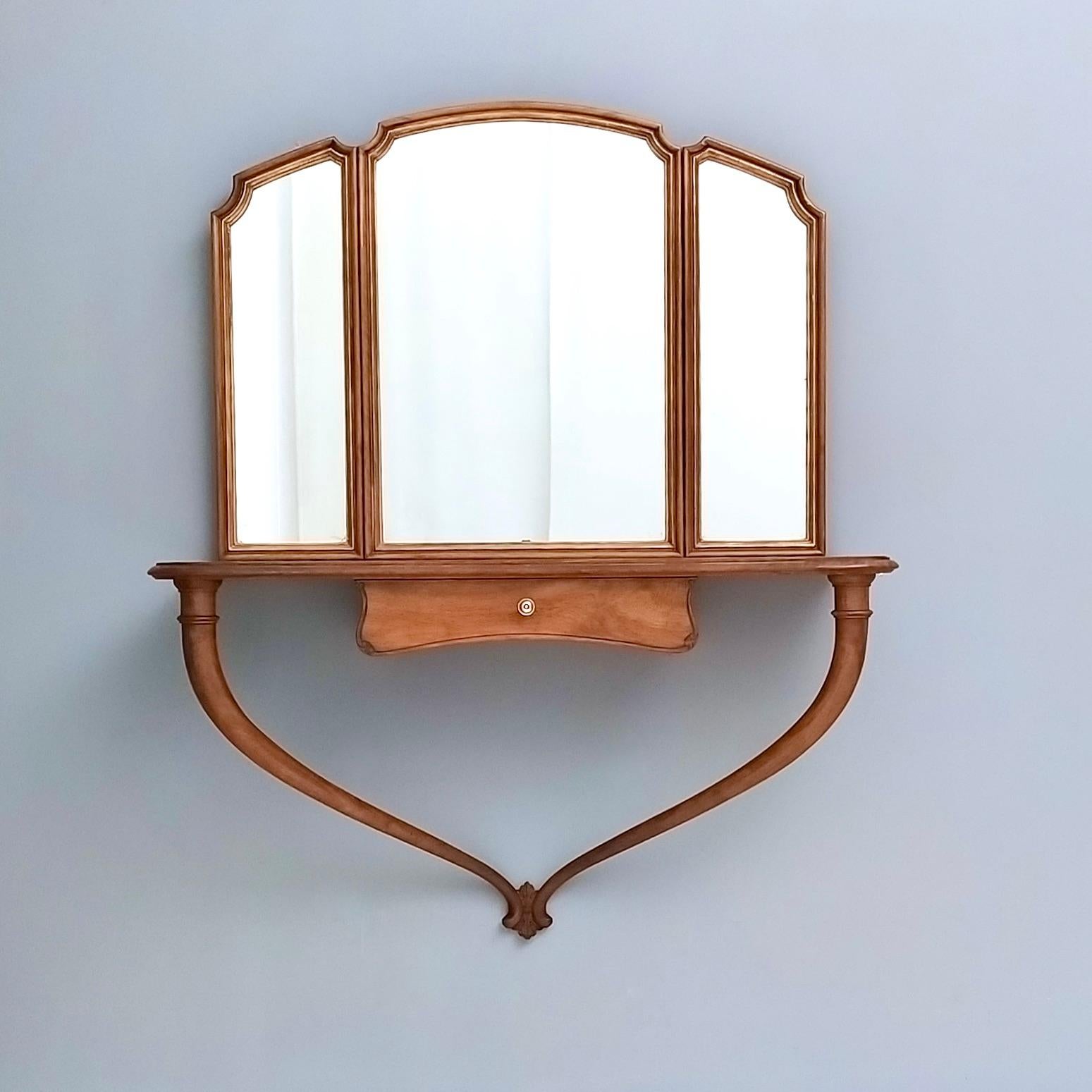 Italian Hallway Triptych Mirror with Solid Walnut Console and a Glass Top, Italy, 1950s