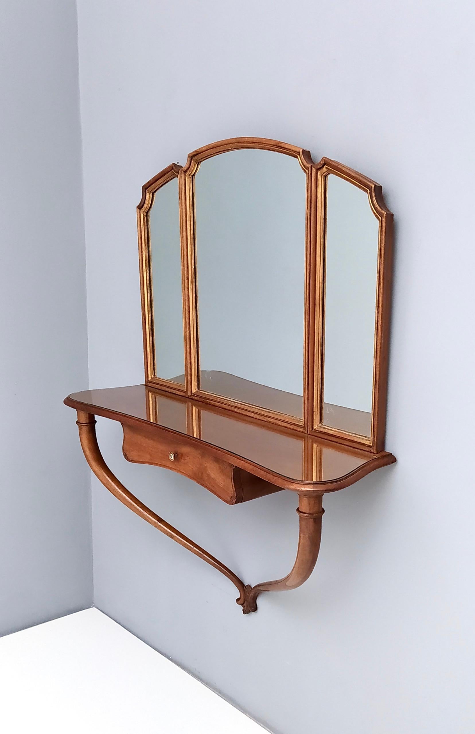 Hallway Triptych Mirror with Solid Walnut Console and a Glass Top, Italy, 1950s In Good Condition In Bresso, Lombardy