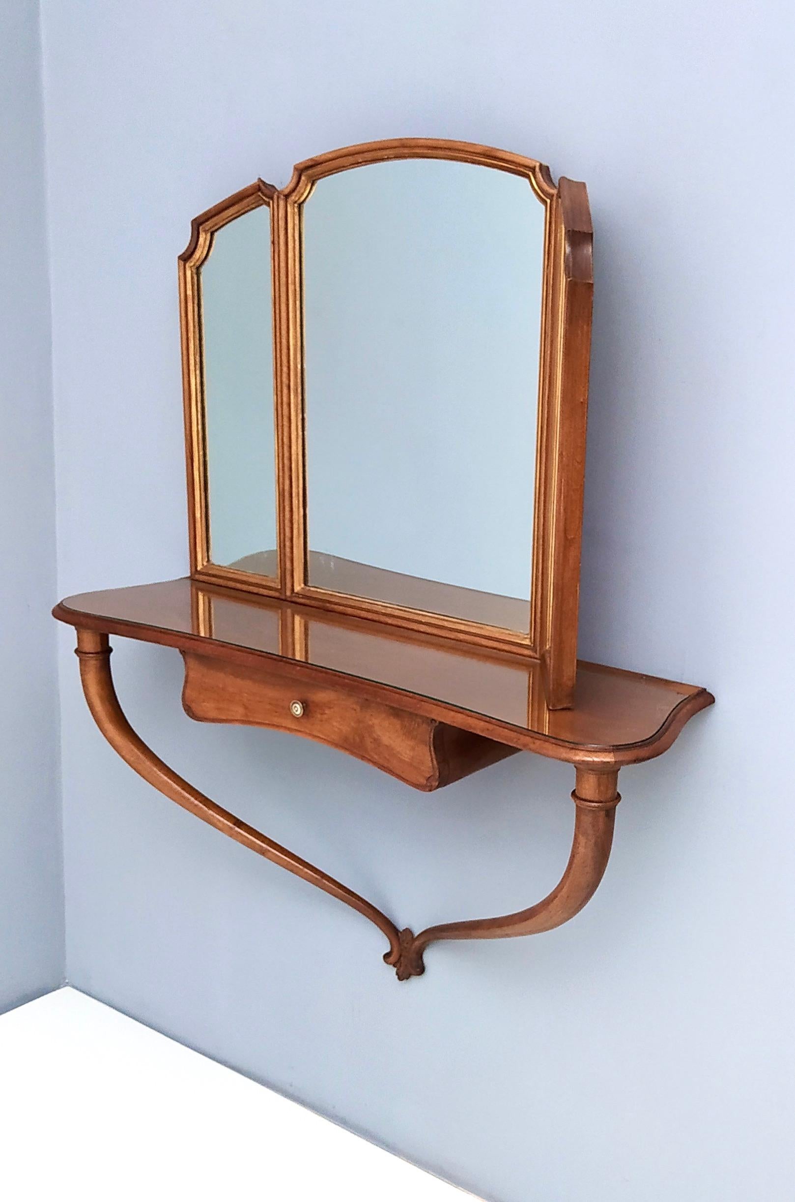 Mid-20th Century Hallway Triptych Mirror with Solid Walnut Console and a Glass Top, Italy, 1950s
