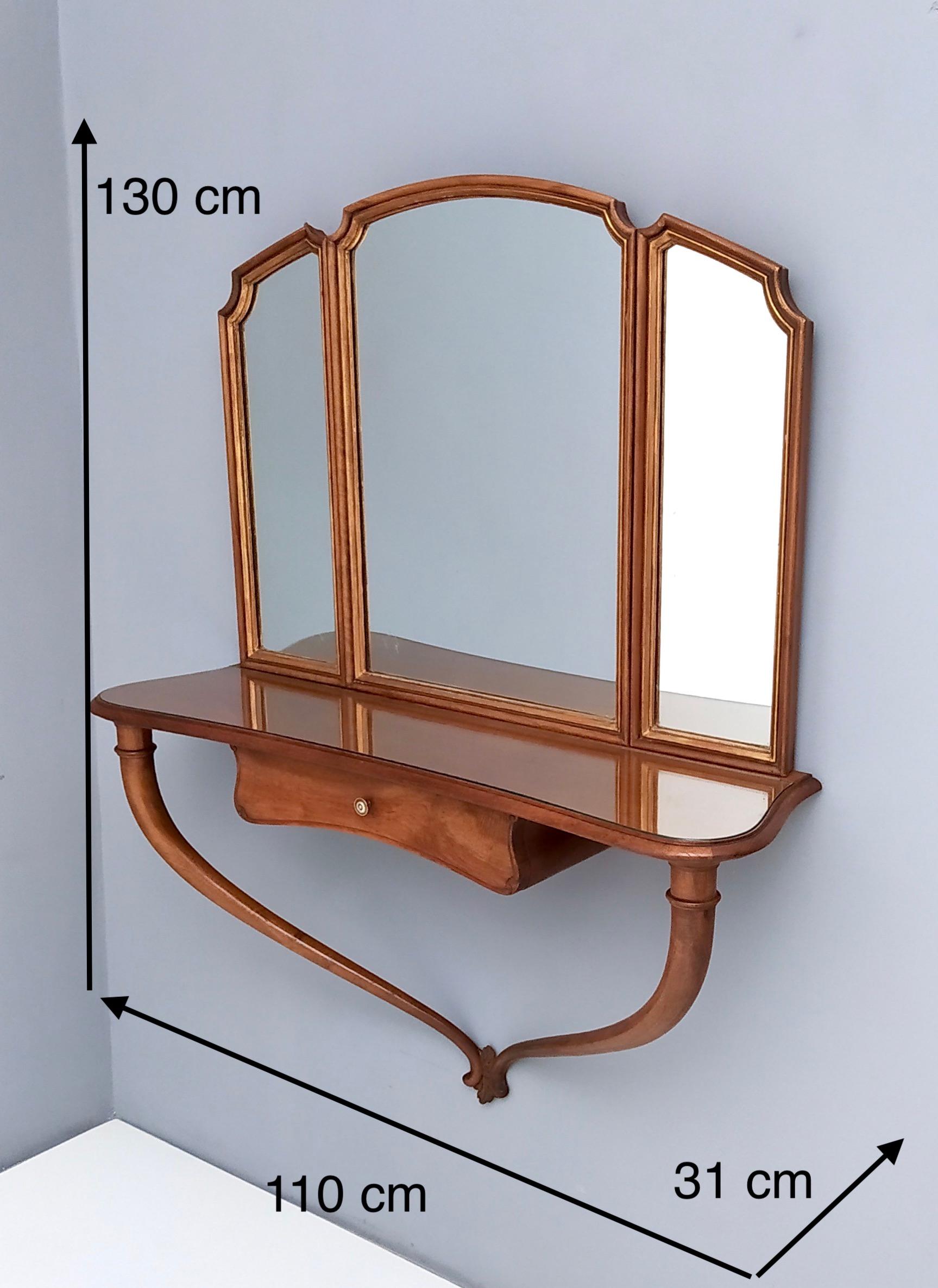 Hallway Triptych Mirror with Solid Walnut Console and a Glass Top, Italy, 1950s 2