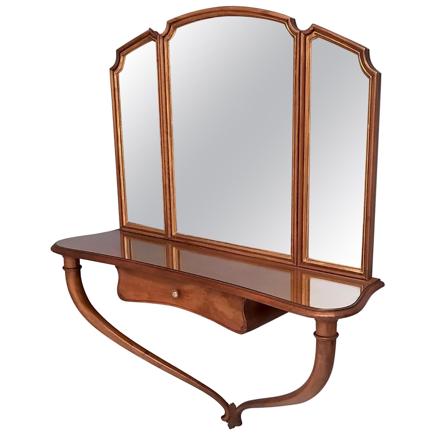 Hallway Triptych Mirror with Solid Walnut Console and a Glass Top, Italy, 1950s
