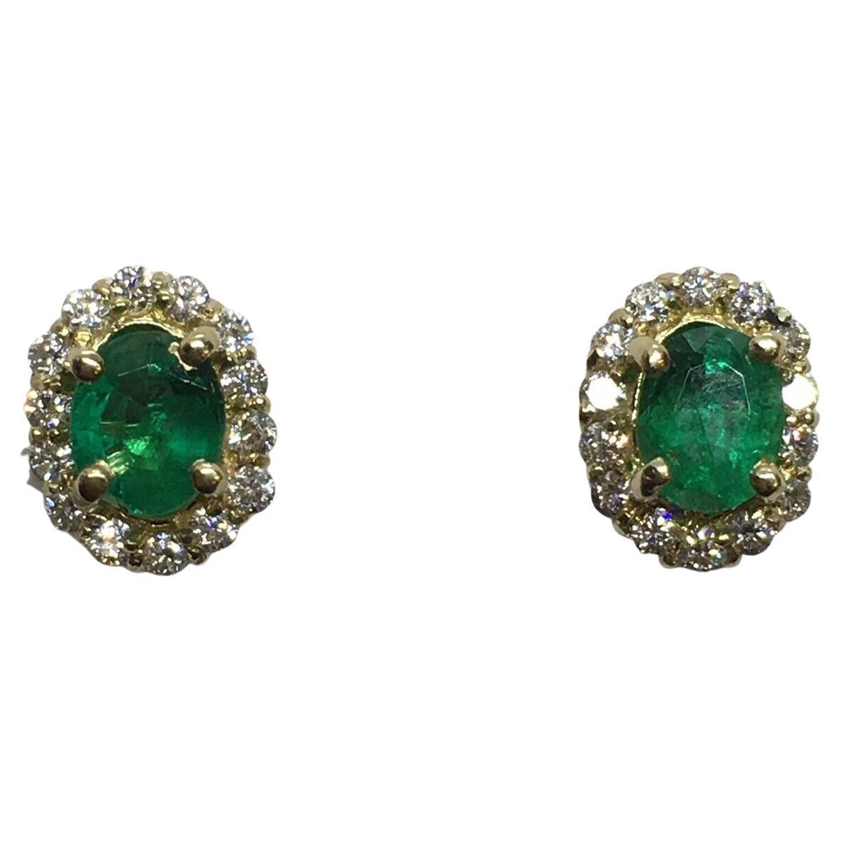 Halo 1/5 Ct CTW Diamond Oval Natural Columbian Emerald Earrings For Sale