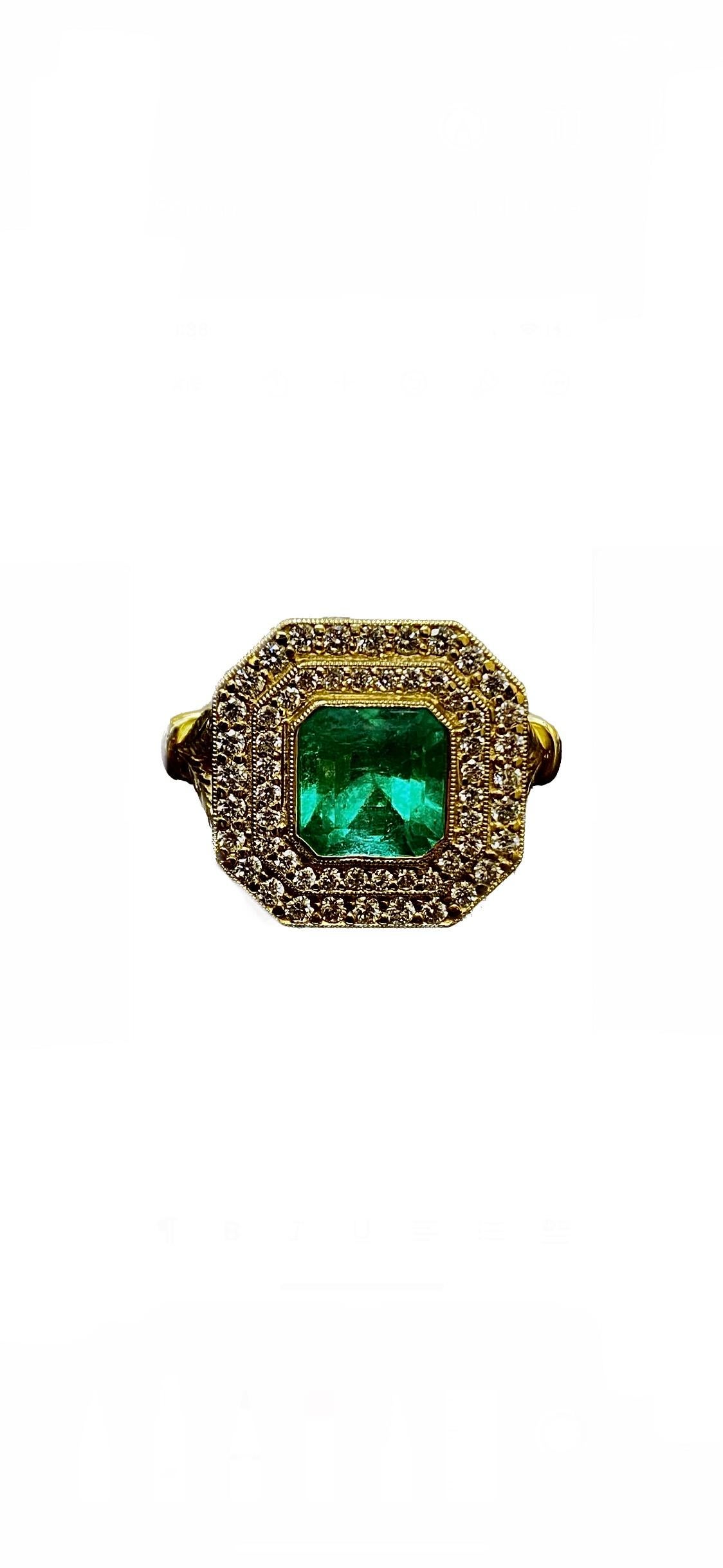 Halo 14K Yellow Gold GIA Certified 1.95 Carat Colombian Emerald Engagement Ring For Sale 6